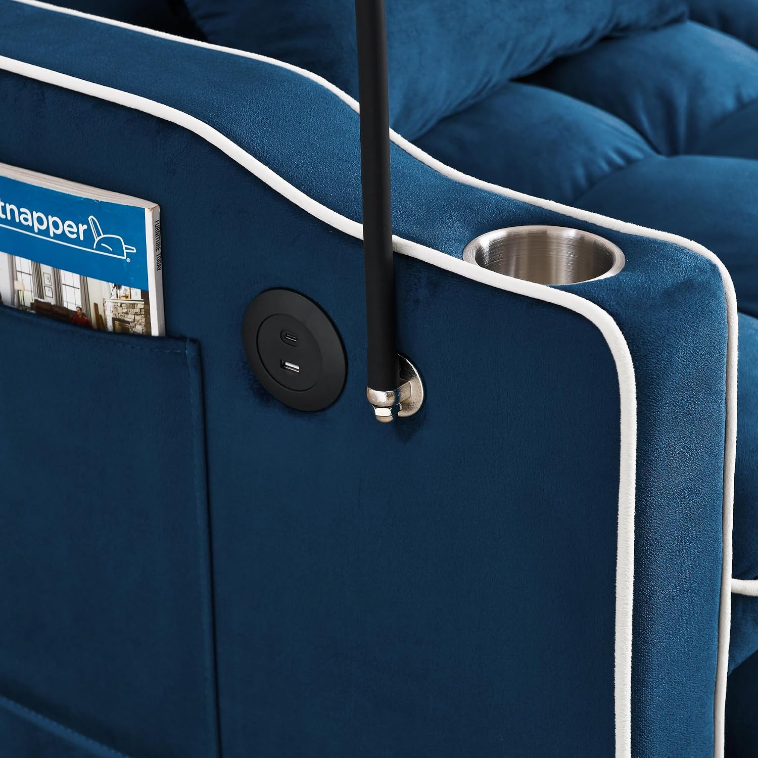 Merax Foldable Sofa Bed with USB Charging Ports, Pull Out Velvet Loveseat Sleeper with Phone Holder, Modern Futon Couch with Cup Holders & Adjustable Backrest for Living Room, Blue