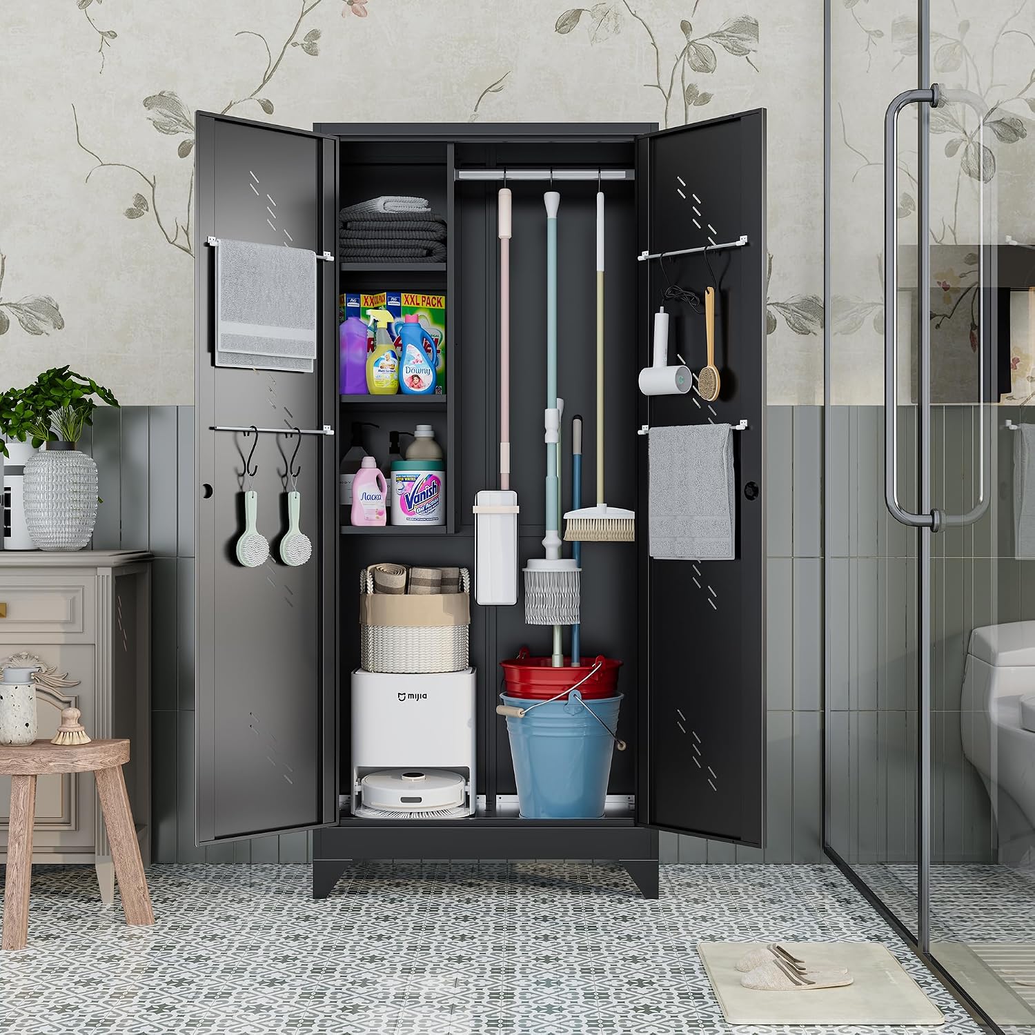 Metal Storage Cabinet, 75' Cleaning Tool Cabinet with Locking Door, Tall Storage Sheds Tool Organizer, Large Broom Cabinet for Bathroom, Laundry Room, Kitchen, Pantry, and Humid Environments