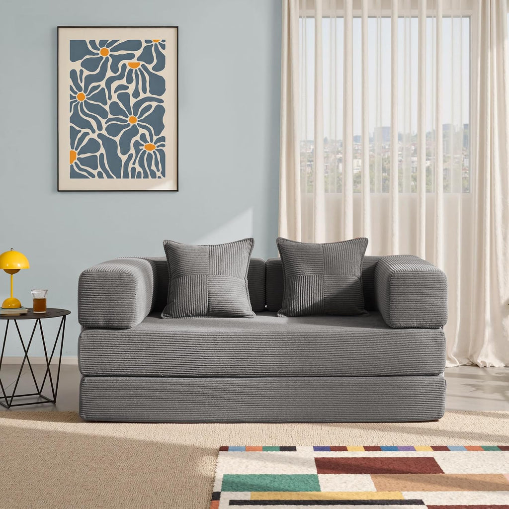 YINIX Foldable Sofa Bed, 62'' Folding Floor Couch, Compressed Convertable Sleeper Sofa, Memory Foam Couch with Pillow Back Support Armrest, 4-in-1 Futon Sofa Bed for Living Room, Light Gray