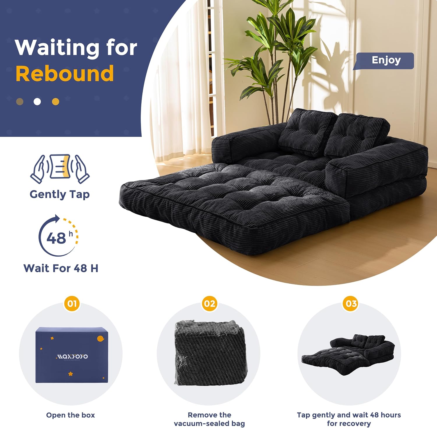 MAXYOYO Folding Sofa Bed, L-Shaped Convertible Sofa Bed with Armrest Foldable Sleeper Couch with Pillow, Portable Fold Out Chair Comfy Floor Couch Lounge for Living Room Bedroom, Black, Double