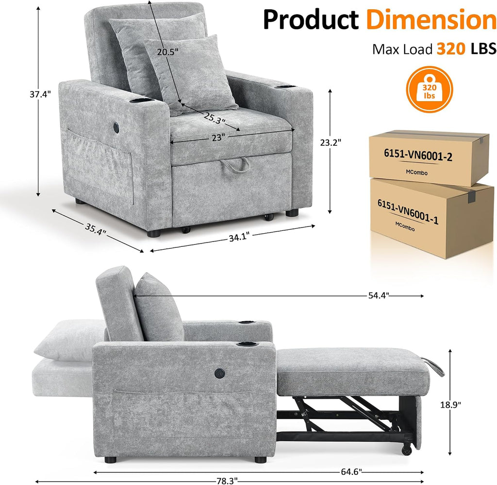 MCombo Convertible Sleeper Chair Bed, 3-in-1 Folding Sofa Chair with Adjustable Backrest, Pull-Out Bed with USB Port, Cup Holders, Linen Fabric, for Small Spaces Living Room Guest Room Office VN6001