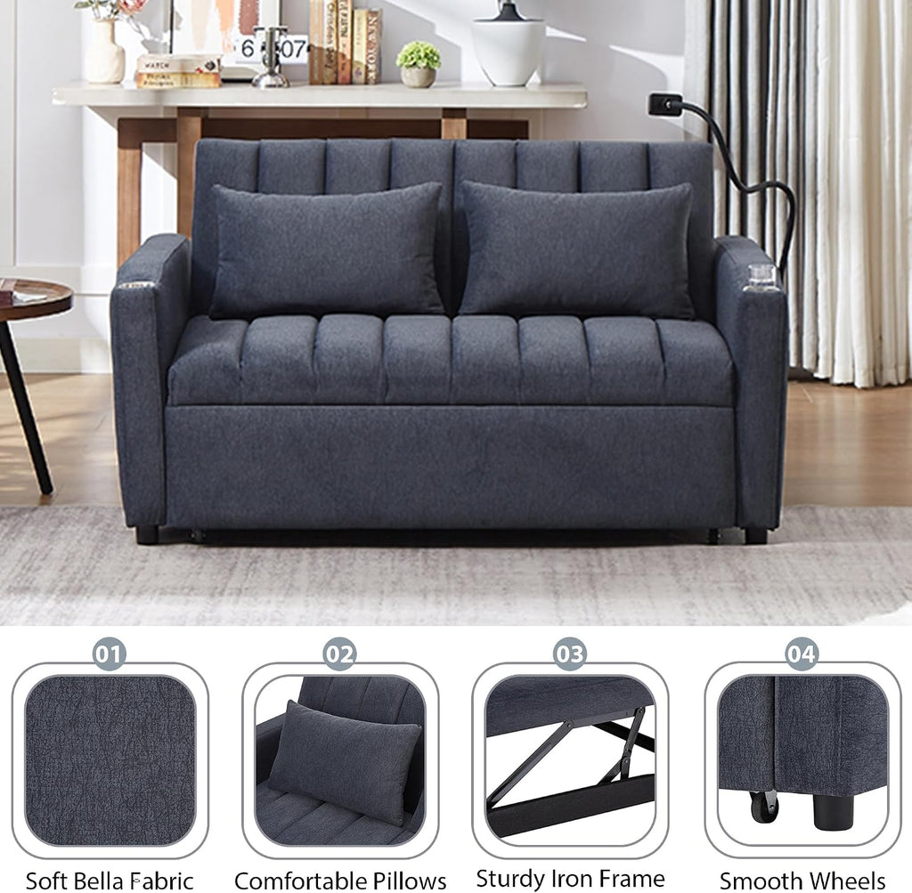LUMISOL 3-in-1 Convertible Sleeper Sofa Bed, 55.9' Loveseat Pull Out Bed with USB Ports, Cup Holders, Swivel Stand & Storage Pockets, Modern Tufted Sofa Bed with Pillows, Blue Grey