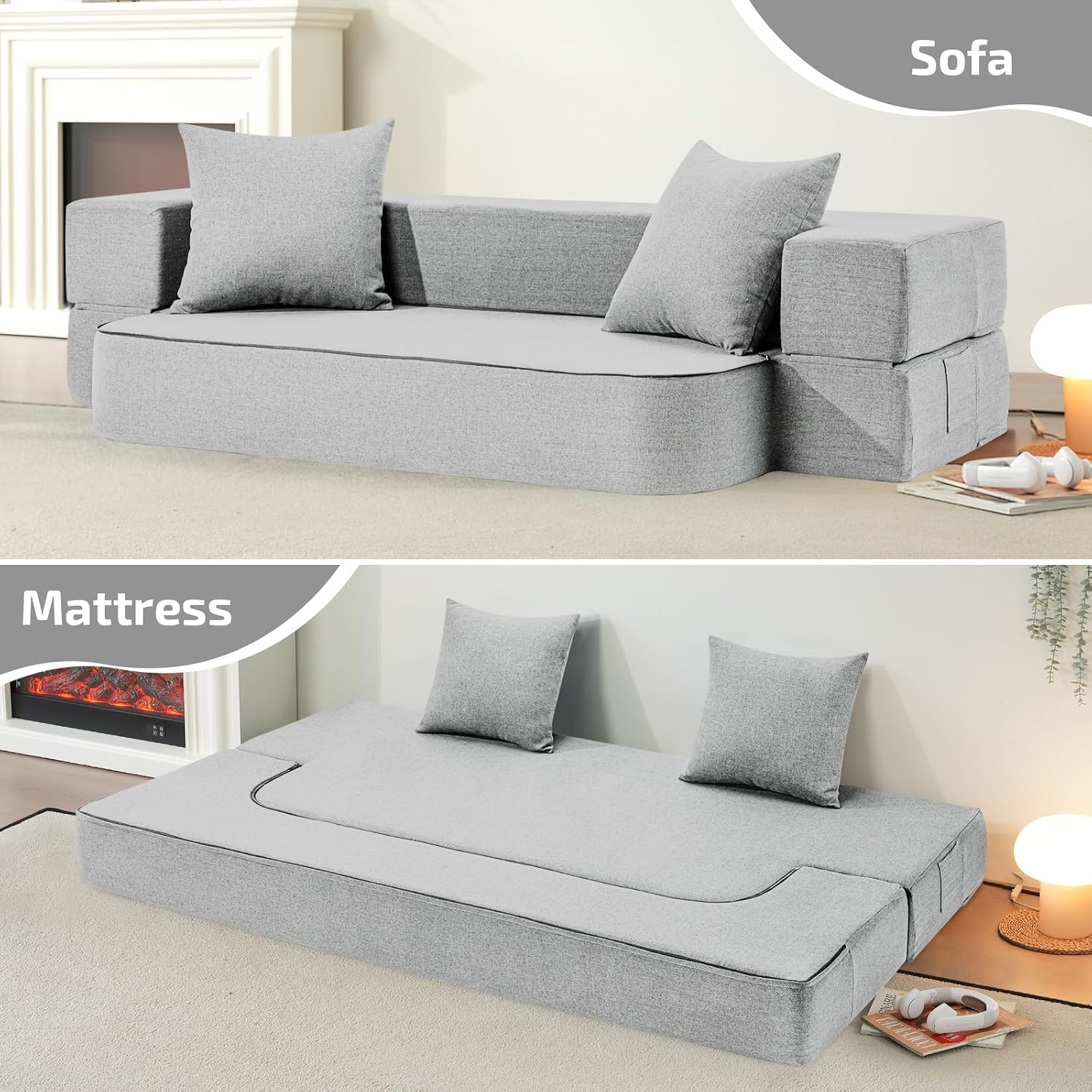 SUYOLS 2-in-1 Folding Sofa Bed with Pillows - Folding Chair Floor Couch & Sleeping Mattress - Washable Cover & Memory Foam Sleeper Chair for Living Room/Guest Room/Apartment/Loft, Light Gray, Twin