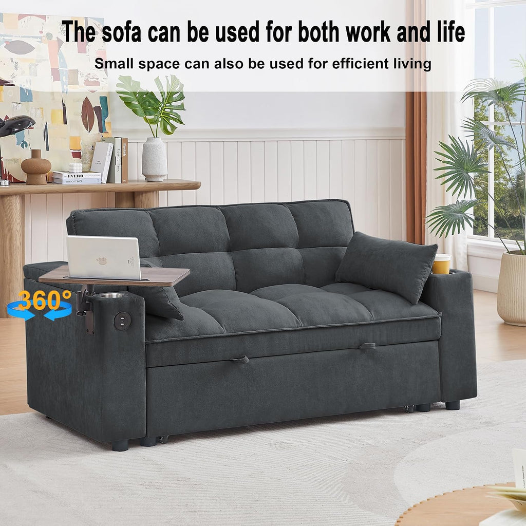 Auvsoce 65'' Convertible Sleeper Sofa Bed with Adjustable Backrest, Chaise Lounge, Side Table & USB/Type-C Ports – Stylish & Functional Addition to Any Living Room (Fashion Pink)