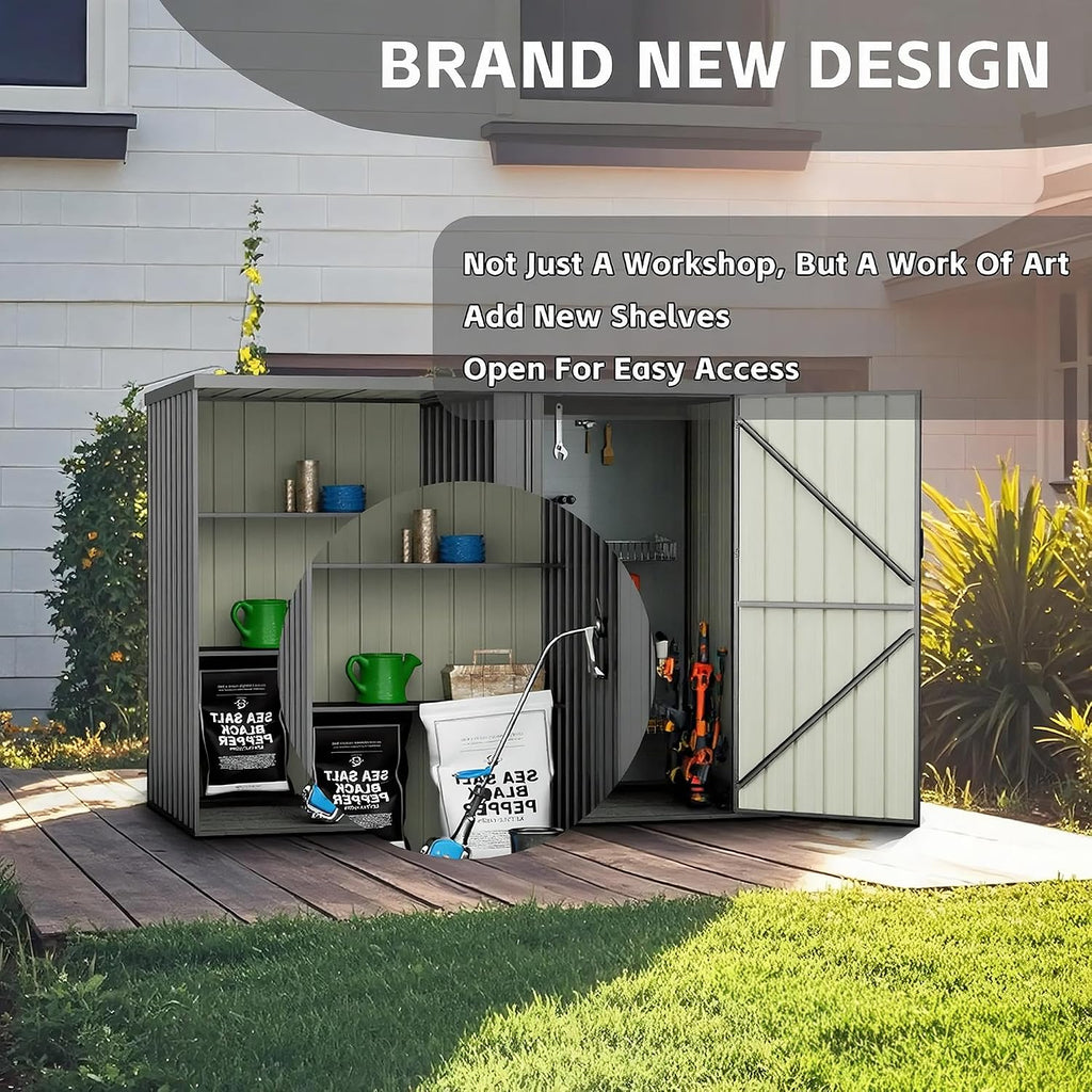 Durable 8×4 FT Metal Outdoor Storage Shed with Shelves, Waterproof & Lockable Garden Tool Shed, Small Backyard Patio Storage Shed for Lawn Mower, Dark Gray (No Floor)