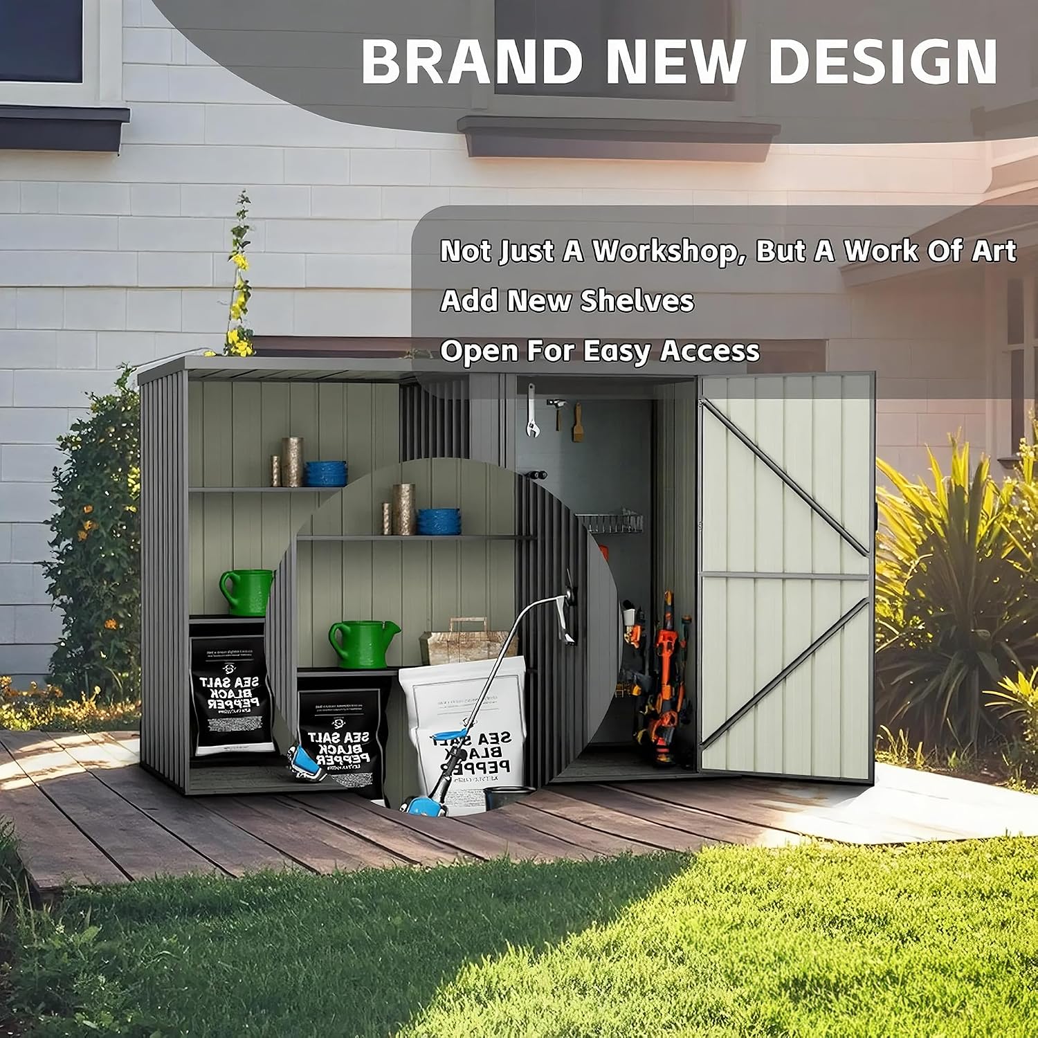 Durable 8×4 FT Metal Outdoor Storage Shed with Shelves, Waterproof & Lockable Garden Tool Shed, Small Backyard Patio Storage Shed for Lawn Mower, Dark Gray (No Floor)