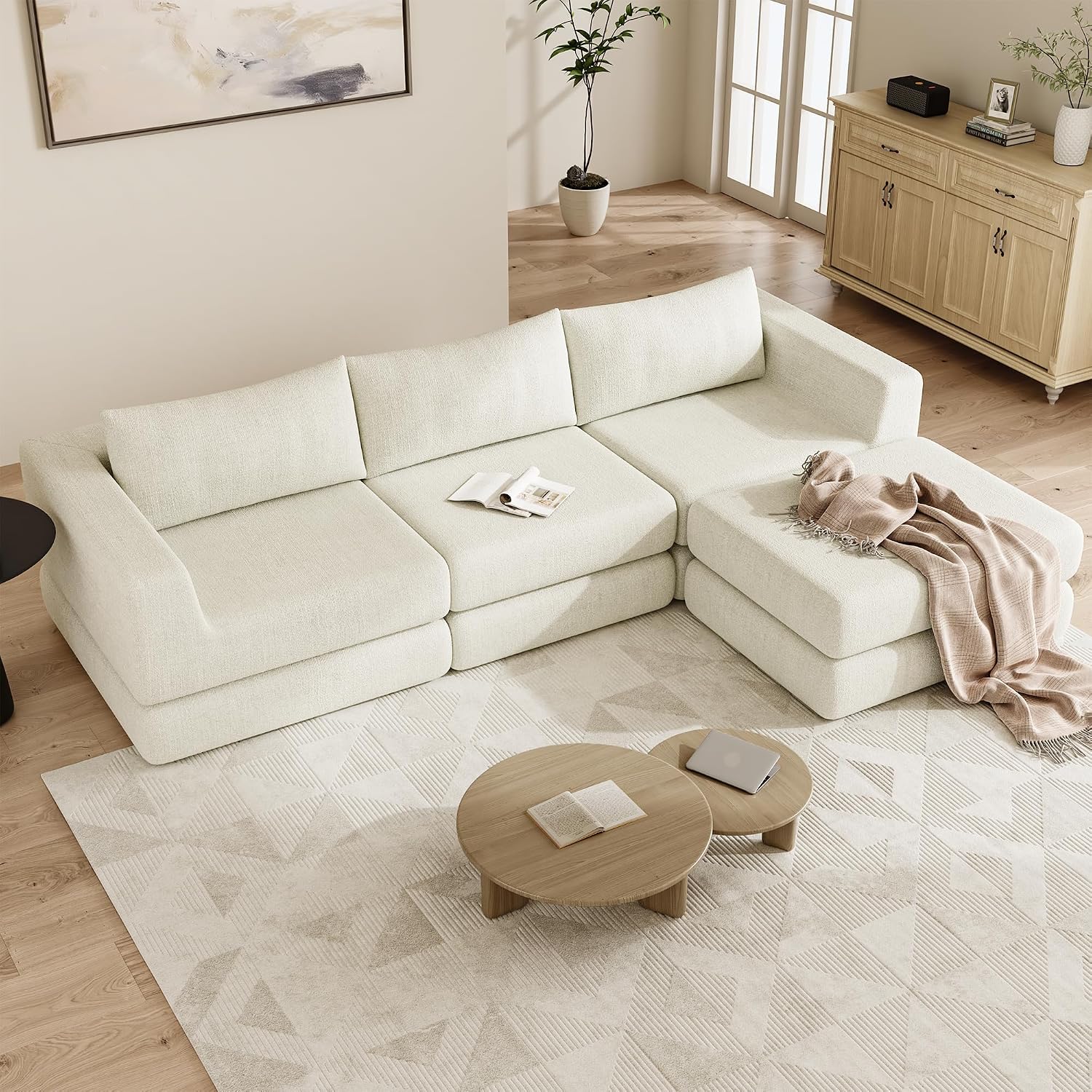 Chenille Modular Floor Sofa Bed, L Shaped Convertible Sleeper Couch with Memory Foam Cushions, Low Profile Sectional Sofa for Living Room, Apartment, Guest Room,Beige