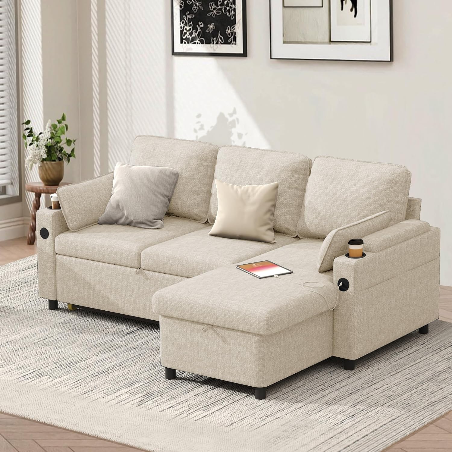 DURASPACE Sleeper Sofa Bed Pull Out Couch 2 in 1 Convertible Sofa Sleeper with Storage, L Shaped Sectional Couch Bed for Small Spaces Living Room Bedroom Apartment (Beige)