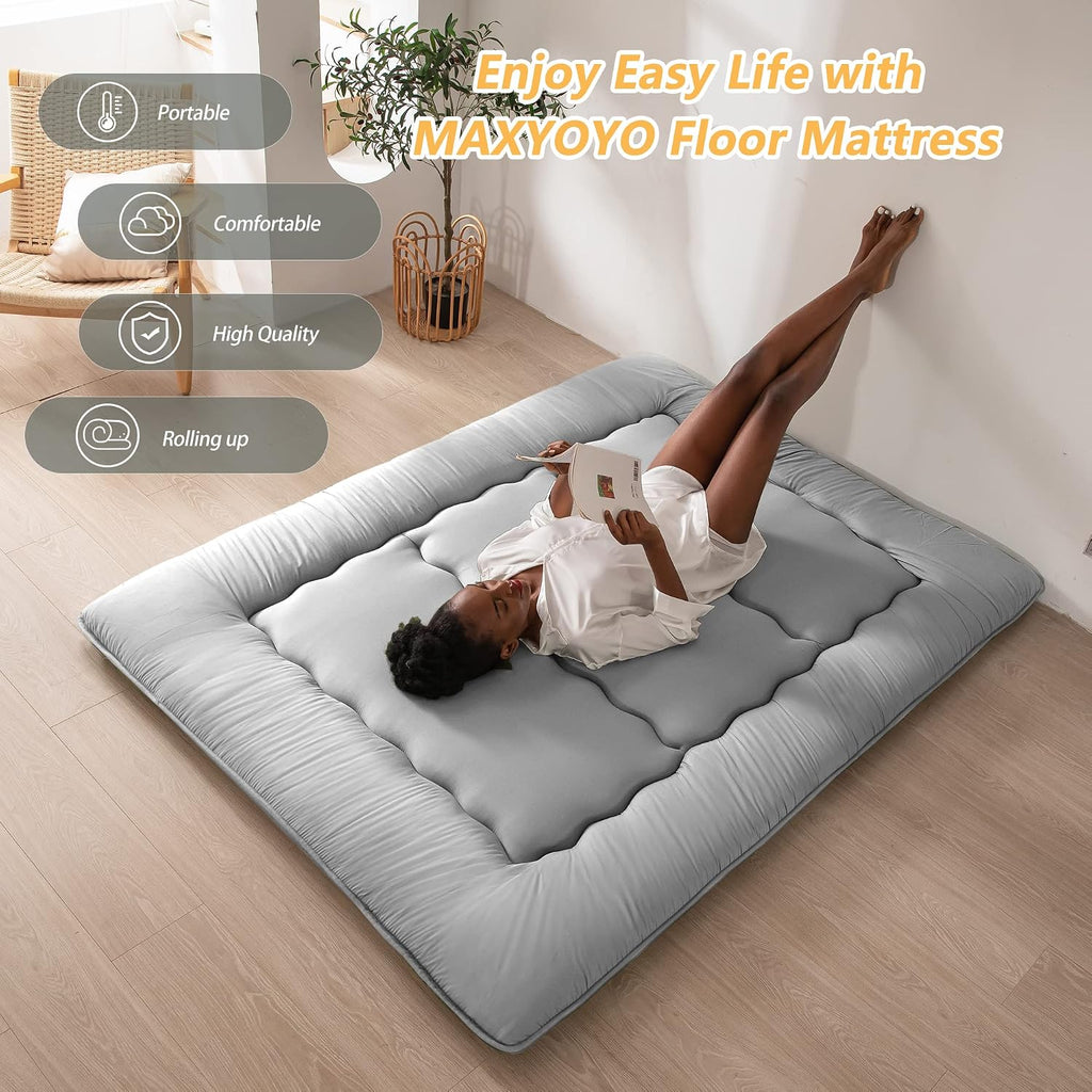 MAXYOYO Japanese Floor Mattress Futon Mattress, Thicken Tatami Mat Sleeping Pad Foldable Roll Up Mattress Boys Girls Dormitory Mattress Pad Kids Floor Couches and Sofas, Grey, King