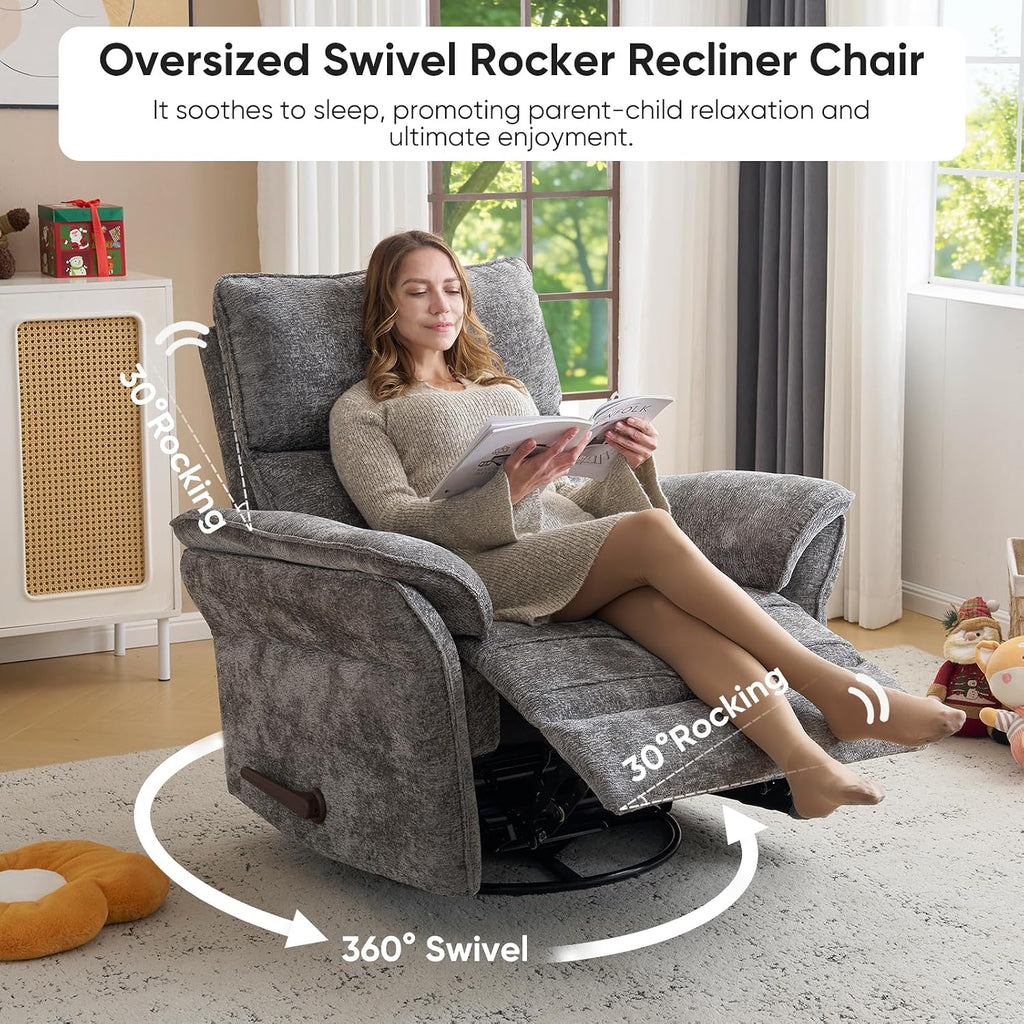 Rocking Chair Nursery with Adjustable Headrest,Manual Swivel Rocker Recliner Nursery Chair with Overstuffed Armrest,Glider Rocker Recliner for Living Room & Bedroom,Grey