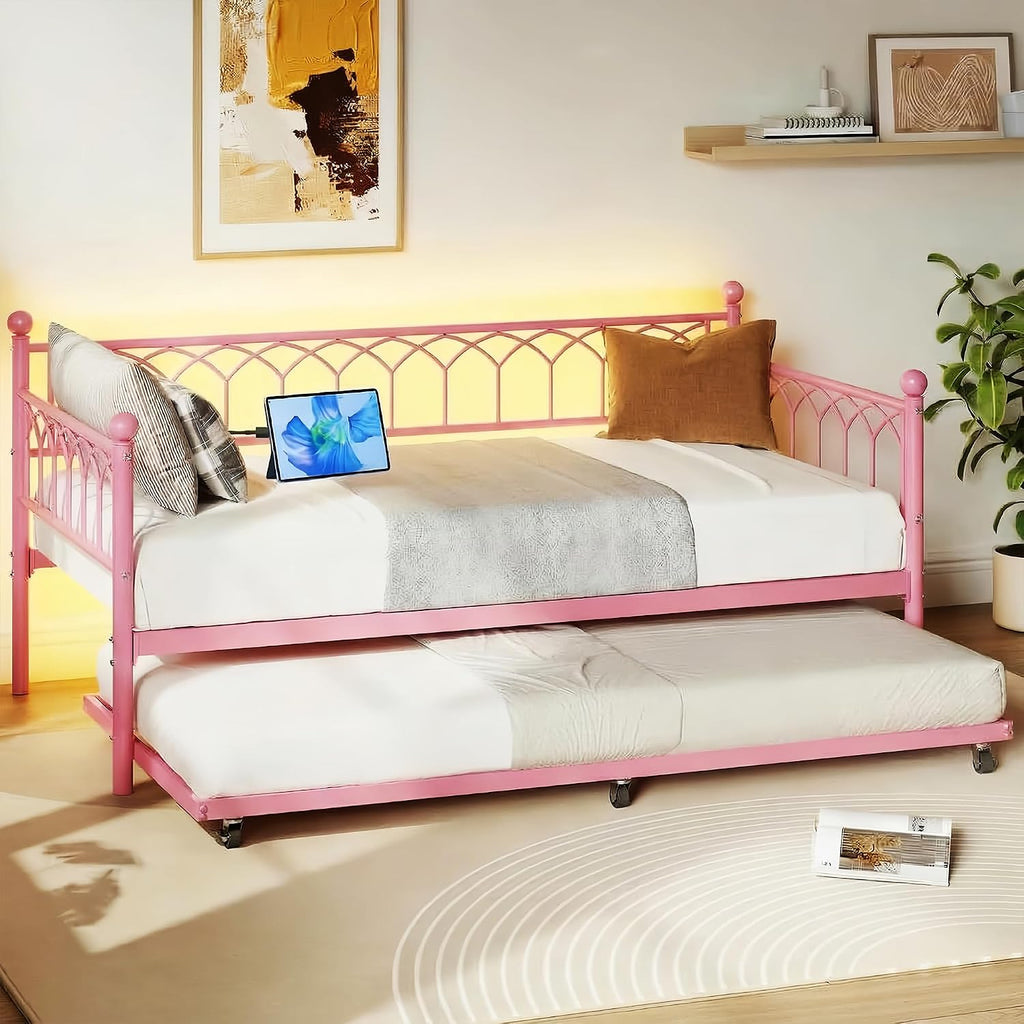 IDEALHOUSE Twin Daybed with Trundle, Day Bed with Charging Station and LED Lights, Heavy Duty Metal Bed Frame, Metal Sofa Bed Frame with Steel Slat Support for Living Room, Bedroom, Apartment, Pink