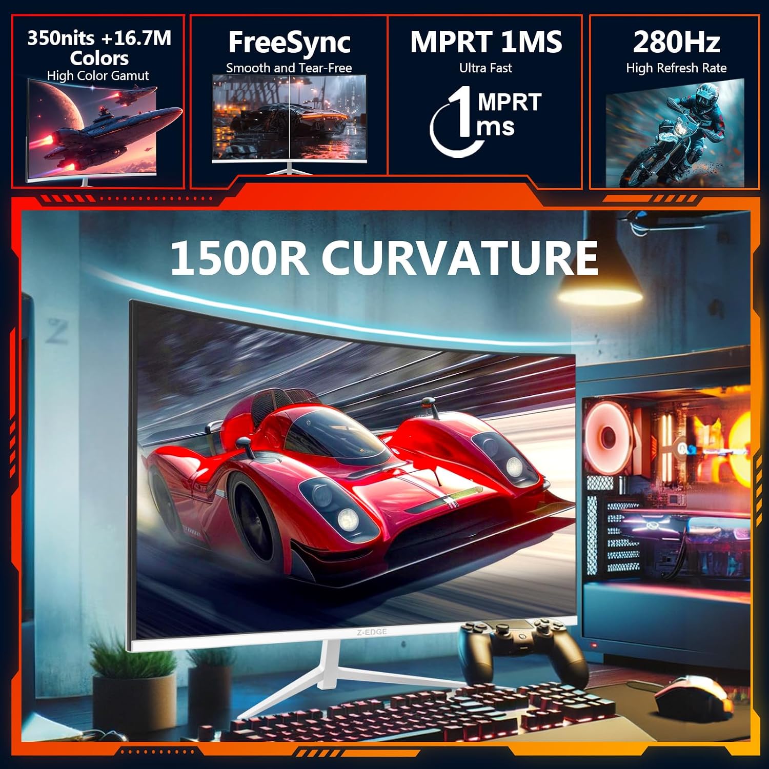 Z-Edge 27 inch Curved Gaming Monitor, FHD 1080P 240Hz 280Hz Curved 1500R Computer Monitor, Fast MPRT 1ms, FreeSync, Low Blue Light, 350nits, 16.7M Colors, 4000:1 Contrast, UG27P 1X DP and 1X HDMI