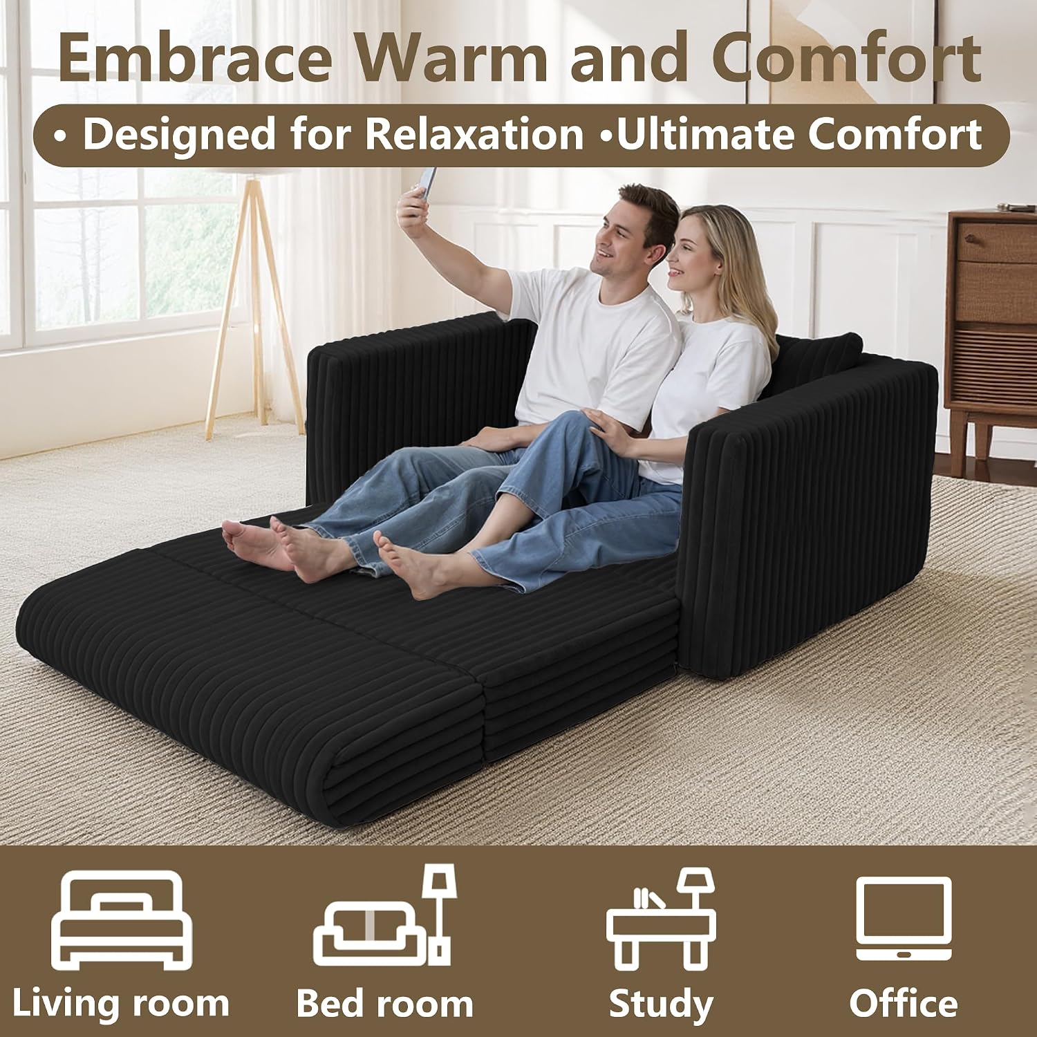 HABUTWAY Folding Sofa Bed, 2 in 1 Convertible Sleeper Chair with Pillow, Portable Fold Out Chair Bed with Armrest, Comfy Floor Couch, Lazy Sofa for Living Room Bedroom Dorm Home Office, Black