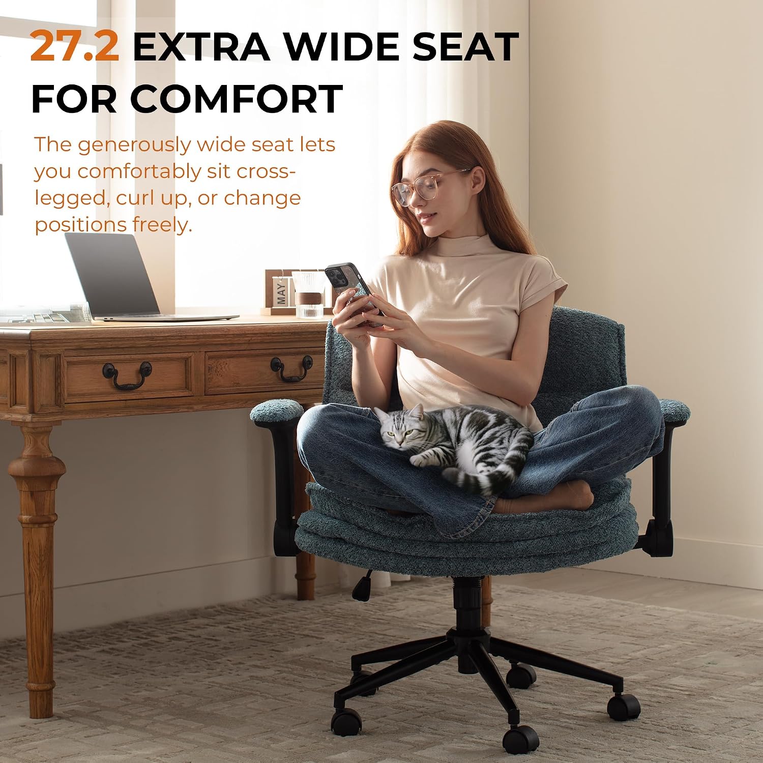 Dowinx Criss Cross Chair with Adjustable Flip-up Arms and Wheels, Comfort Ergonomic Office Desk Armchair with 3 Layer Cushions, Wide Seat Vanity Chair for Home Office, Living Room, Bedroom, Blue