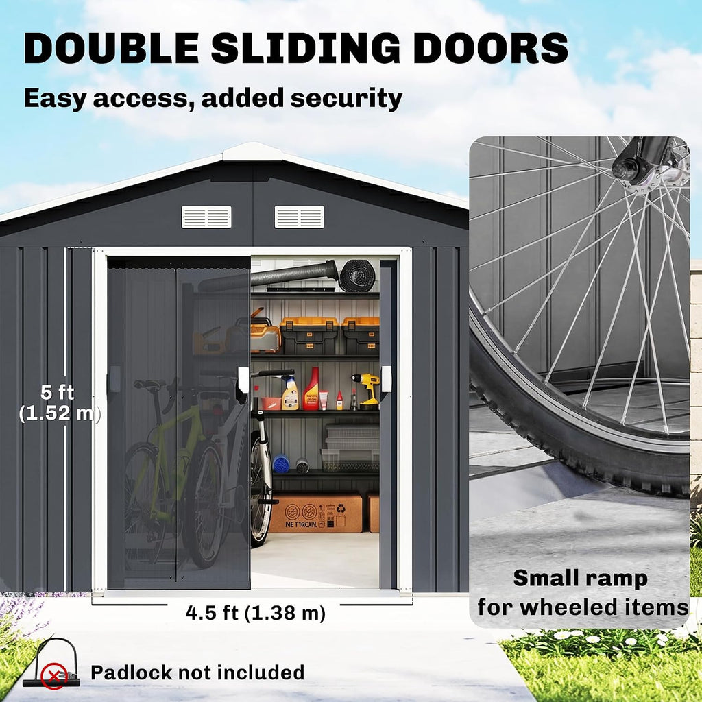 Outsunny 11' x 13' Outdoor Storage Shed, Garden Tool Metal Shed with Foundation Kit, Double Lockable Door, Air Vents and Sloping Roof, for Backyard, Patio, Lawn, Dark Gray