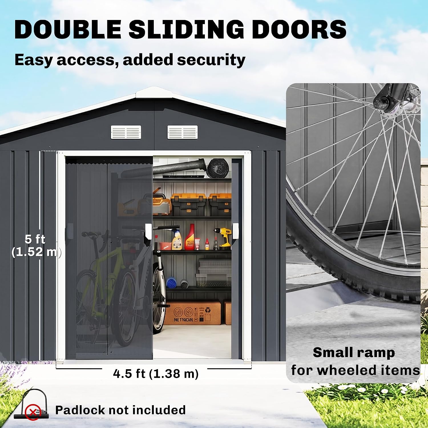 Outsunny 11' x 13' Outdoor Storage Shed, Garden Tool Metal Shed with Foundation Kit, Double Lockable Door, Air Vents and Sloping Roof, for Backyard, Patio, Lawn, Dark Gray