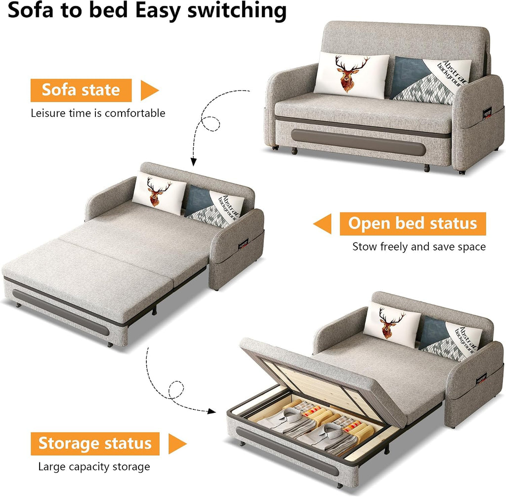 Versatile Pull-Out Sofa Bed – Compact Futon Couch for Small Spaces, Gray/White, 34.25' D x 59.84' W x 37.4' H, Ideal for Living Room & RV (61.61')