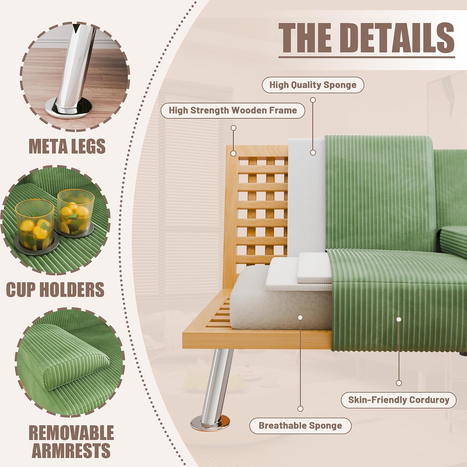 YESHOMY Futon Sofa Bed, Futon Couch with Adjustable Backrest, Convertible Sleeper Sofa with Removable Armrests, Loveseat in Corduroy with 2 Cup Holders for Living Room, Apartment (Green)