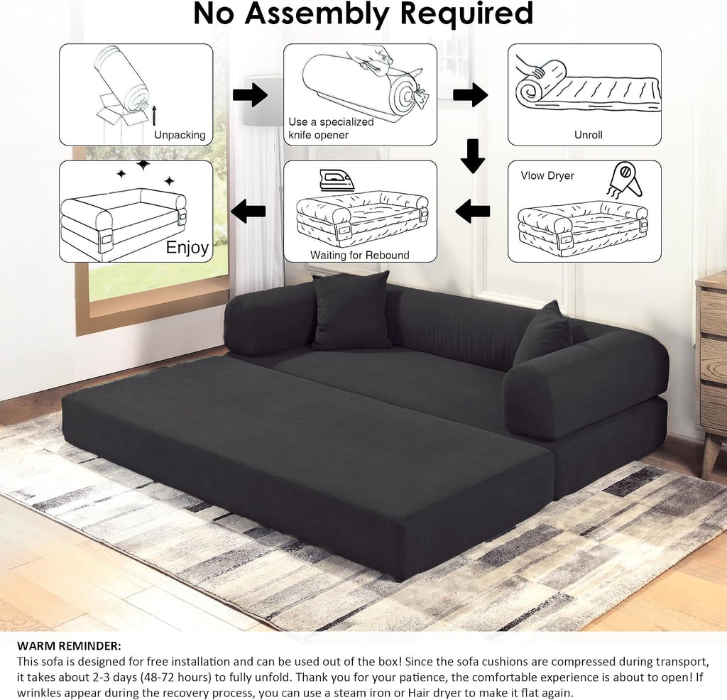 80' Convertible Sofa Bed, 3-in-1 Corduroy Folding Pull Out Couch with Pillows, No Assembly Modern Boneless Couch Compression Sofa in Box, Floor Sofa with Side Storage Pocket for Living Room,Dark Grey