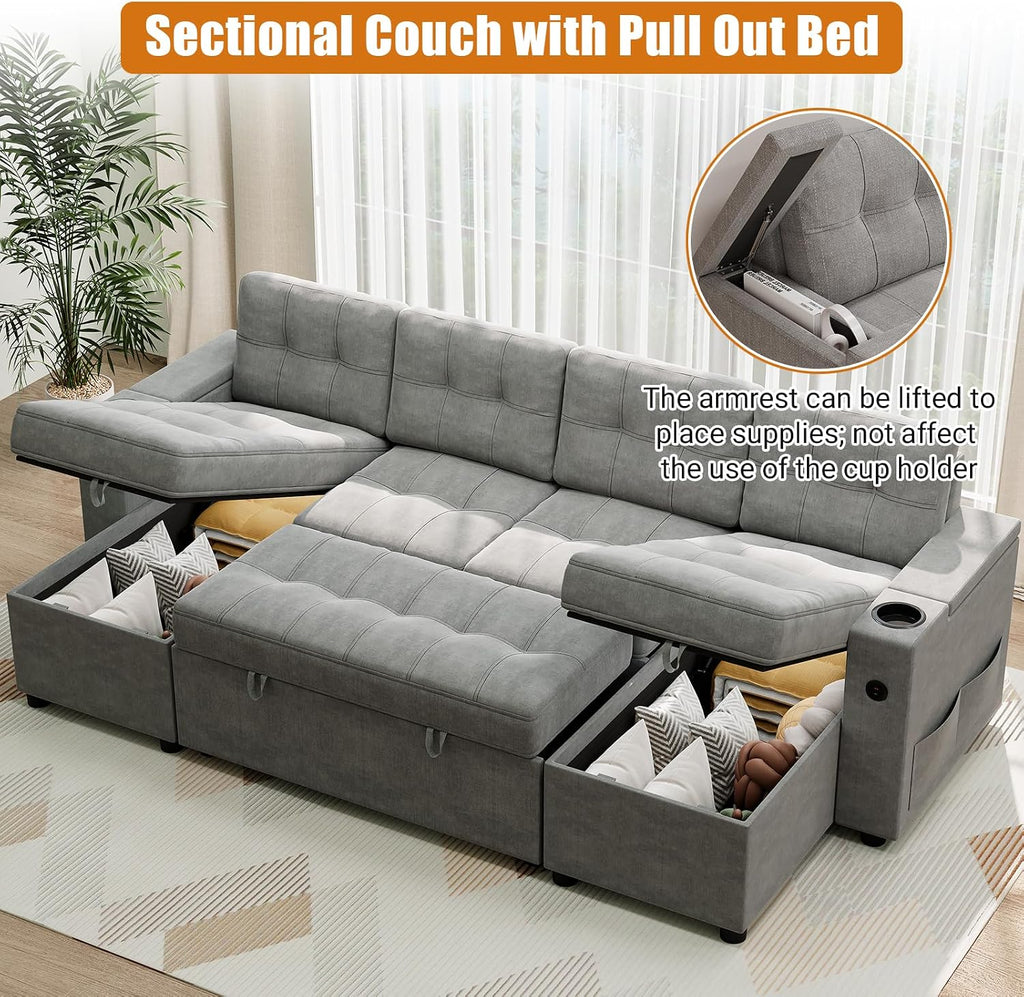 IDEALHOUSE U-Shaped Couches for Living Room, Sofa Bed for Living Room with Reversible Storage Chaises and Hidden Storage Armrests, Cup Holders and USB Charging Ports Included, Light Grey