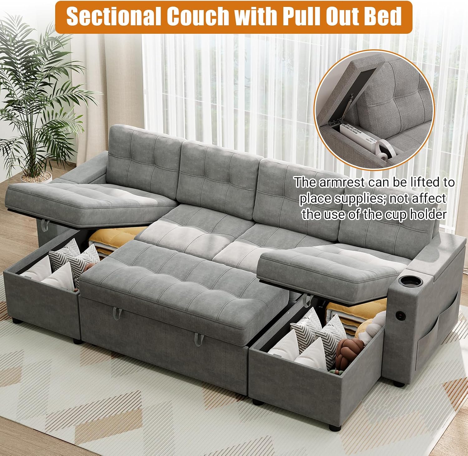 IDEALHOUSE U-Shaped Couches for Living Room, Sofa Bed for Living Room with Reversible Storage Chaises and Hidden Storage Armrests, Cup Holders and USB Charging Ports Included, Light Grey