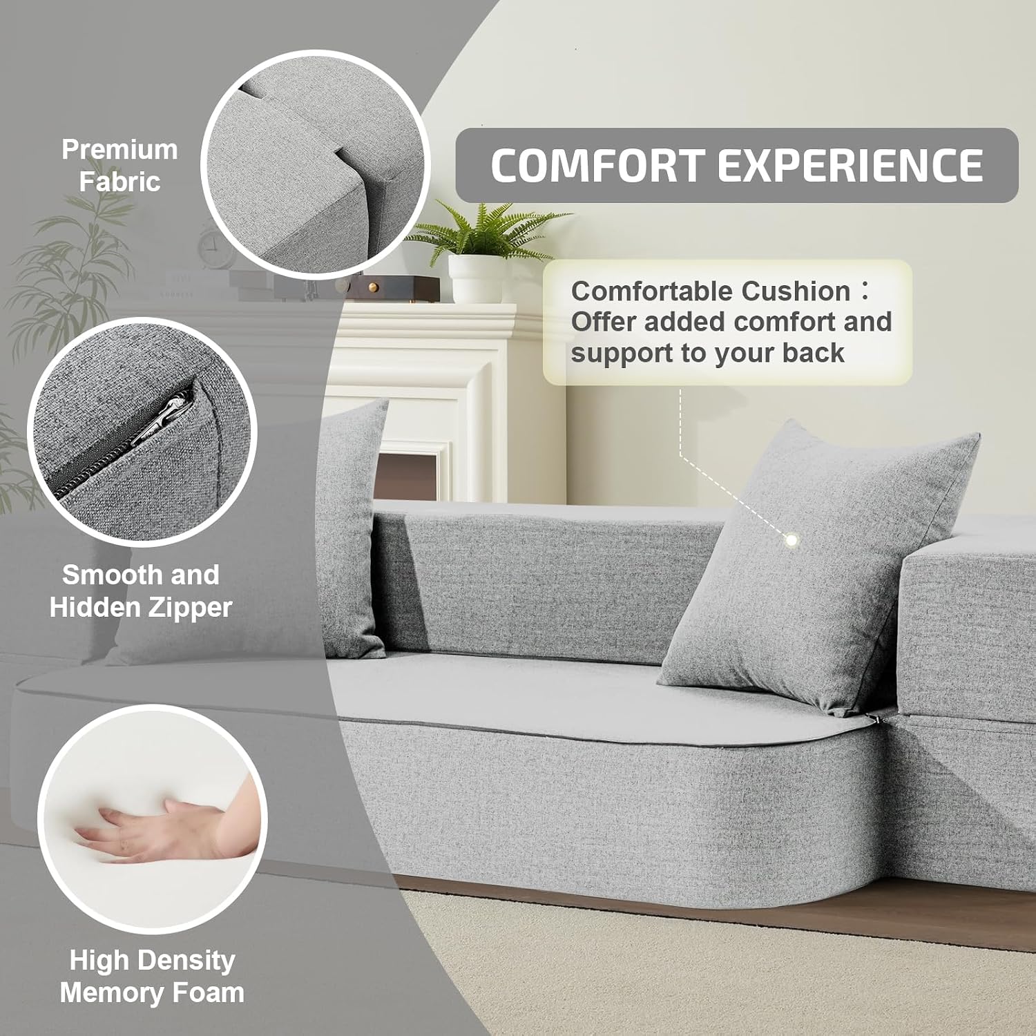 SUYOLS 2-in-1 Folding Sofa Bed with Pillows - Folding Chair Floor Couch & Sleeping Mattress - Washable Cover & Memory Foam Sleeper Chair for Living Room/Guest Room/Apartment/Loft, Light Gray, Twin