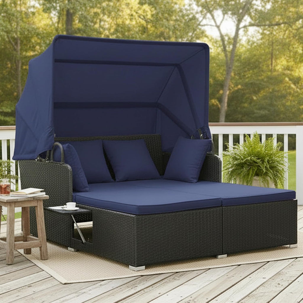 Tangkula Patio Rattan Daybed with Retractable Canopy, Outdoor Wicker Sunbed Lounger with 2 Foldable Side Tables, Thick Seat & Back Cushions, Outside Double Daybed for Garden, Backyard, Porch, Navy