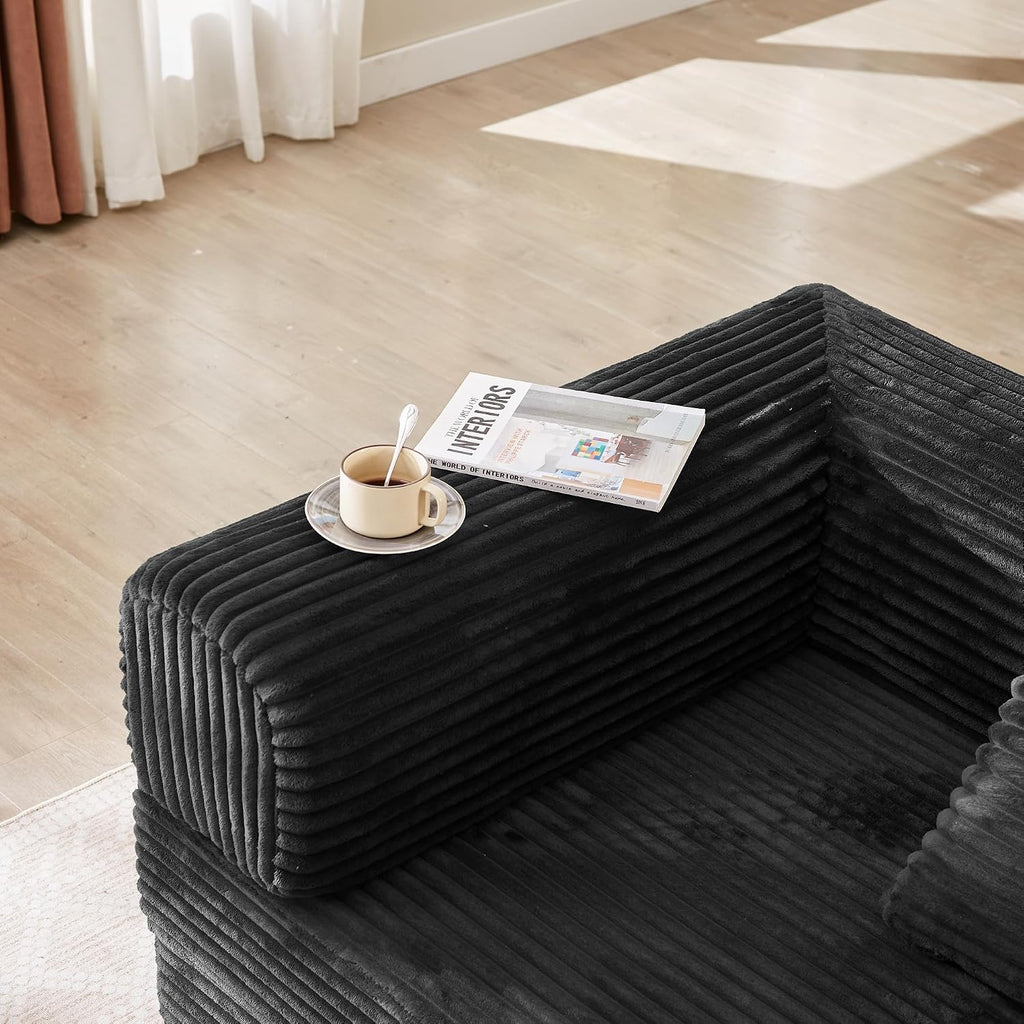 Boneless Couch Futon Sofa Bed Sectional Couches for Living Room,Cloud Couch with Sleeper Sofa,Sofas for Living Room Oversized Corduroy Upholstered (Black, 81 Inches (with Iron Frame))