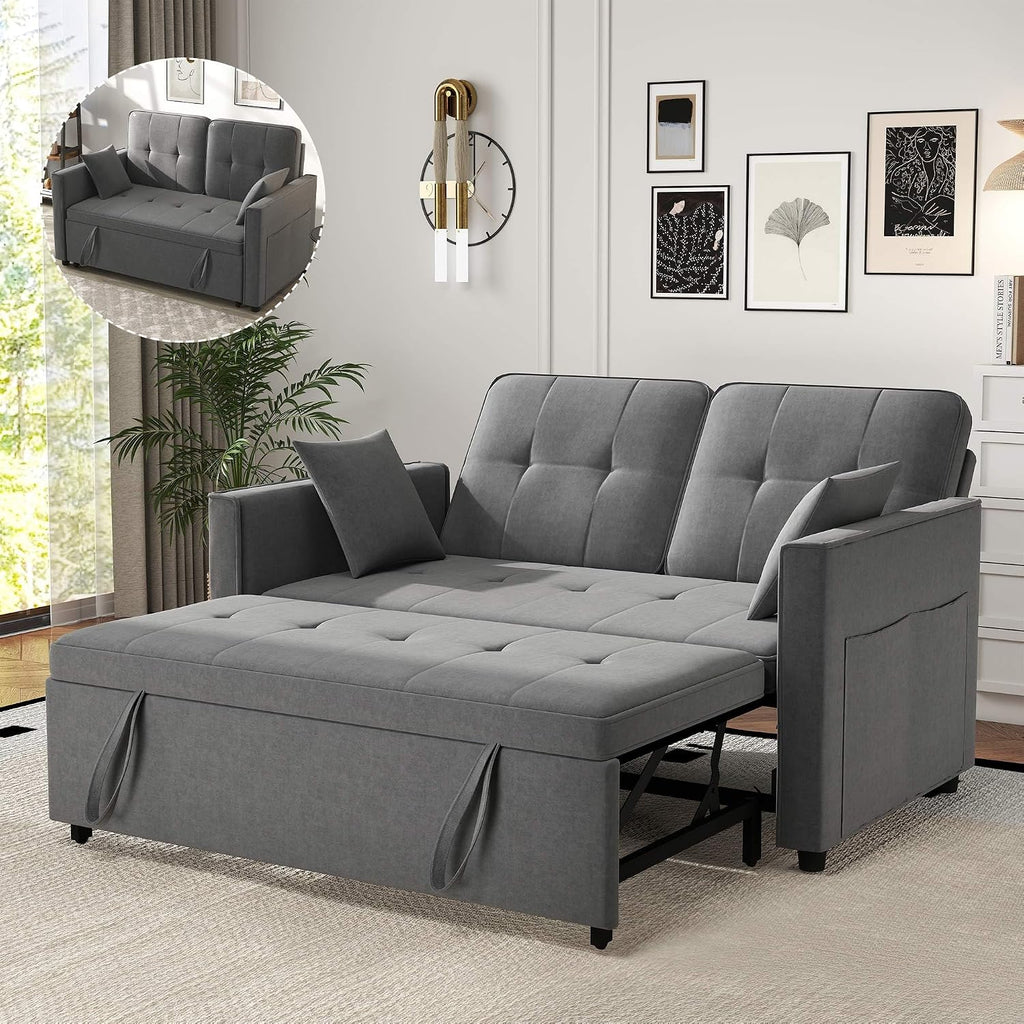 Grey Convertible Sofa Bed: 3 in 1 Sleeper Sofa Couch Bed, Pull Out Couch with Adjustable Backrest, Velvet Convertible Loveseat Sleeper, for Living Room (Grey)