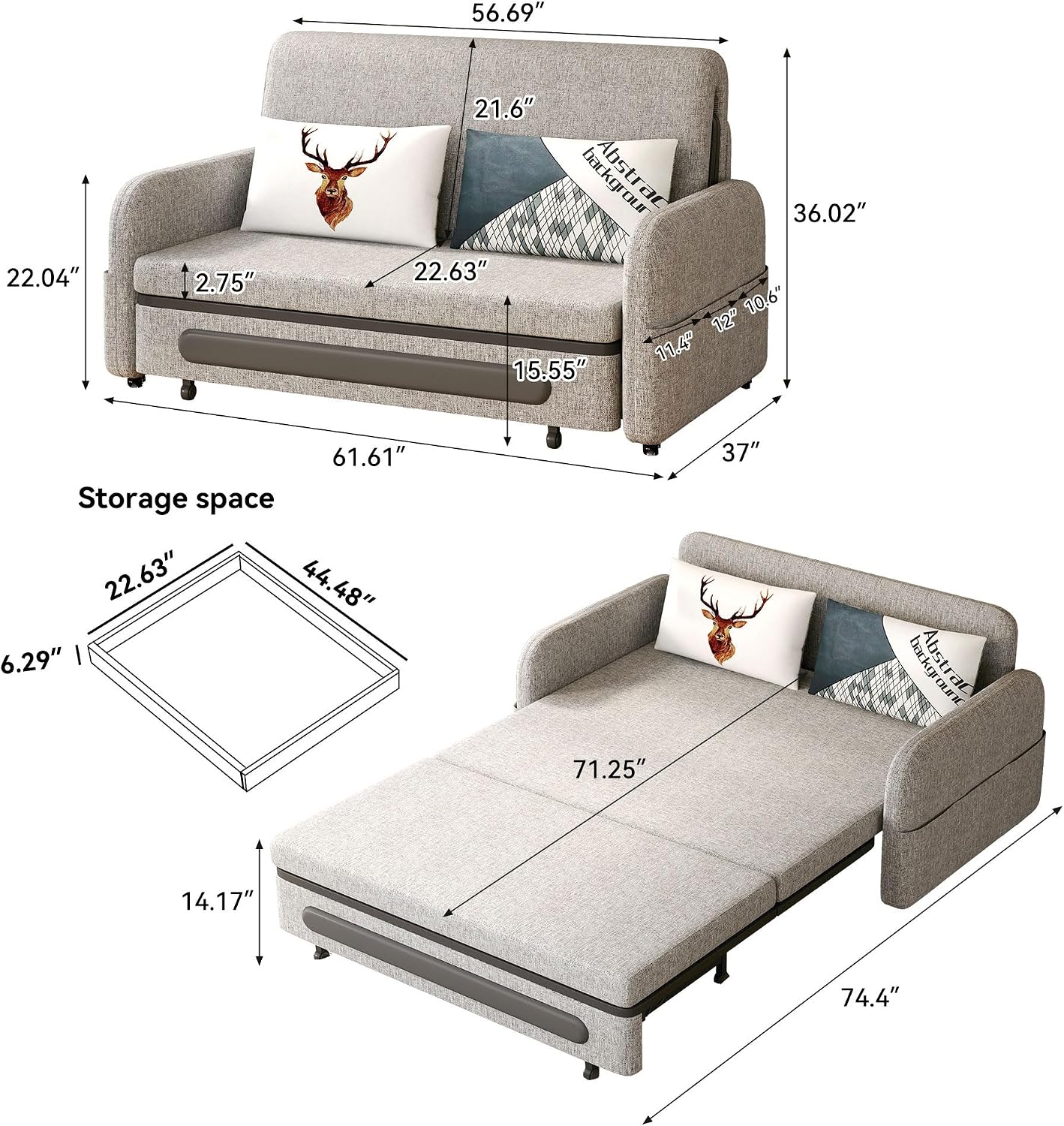 Extendable Sofa Bed zioSofa with Sleeping Function and Storage Space, Sofa Bed for Small Rooms and Living Rooms, Dark Grey and White (61.61'Gray)