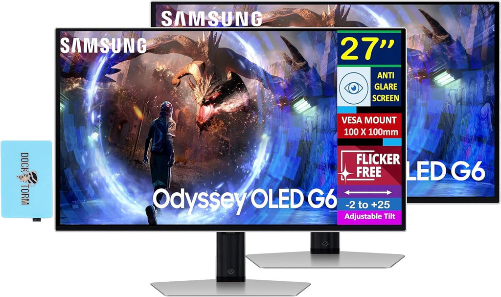 Samsung Odyssey OLED G6 27' QHD Gaming Monitor 360Hz Display with Anti-Glare, Flicker Free, VESA Mount (100mm), HDMI, Displayport & Dockztorm USB Port Expander, Silver Color (LS27DG602SNXZA) 2 Pack