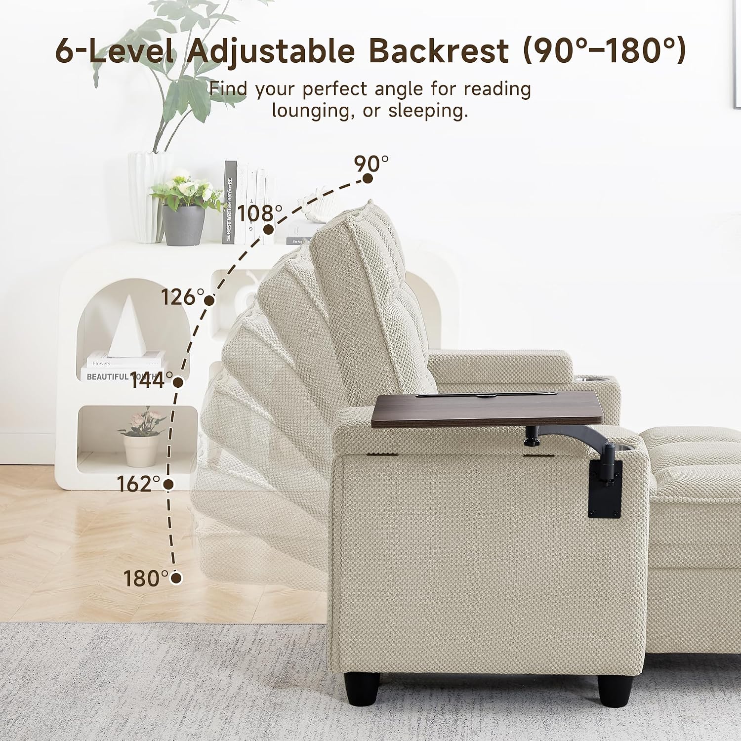 oaaktu Single Modern Comfy Upholstered Chaise Lounge Sofa Chair with Rotating Side Table,Storage,Pillow,USB Charging Ports and Adjustable Backrest Perfect for Living Room, Small Spaces (Beige)