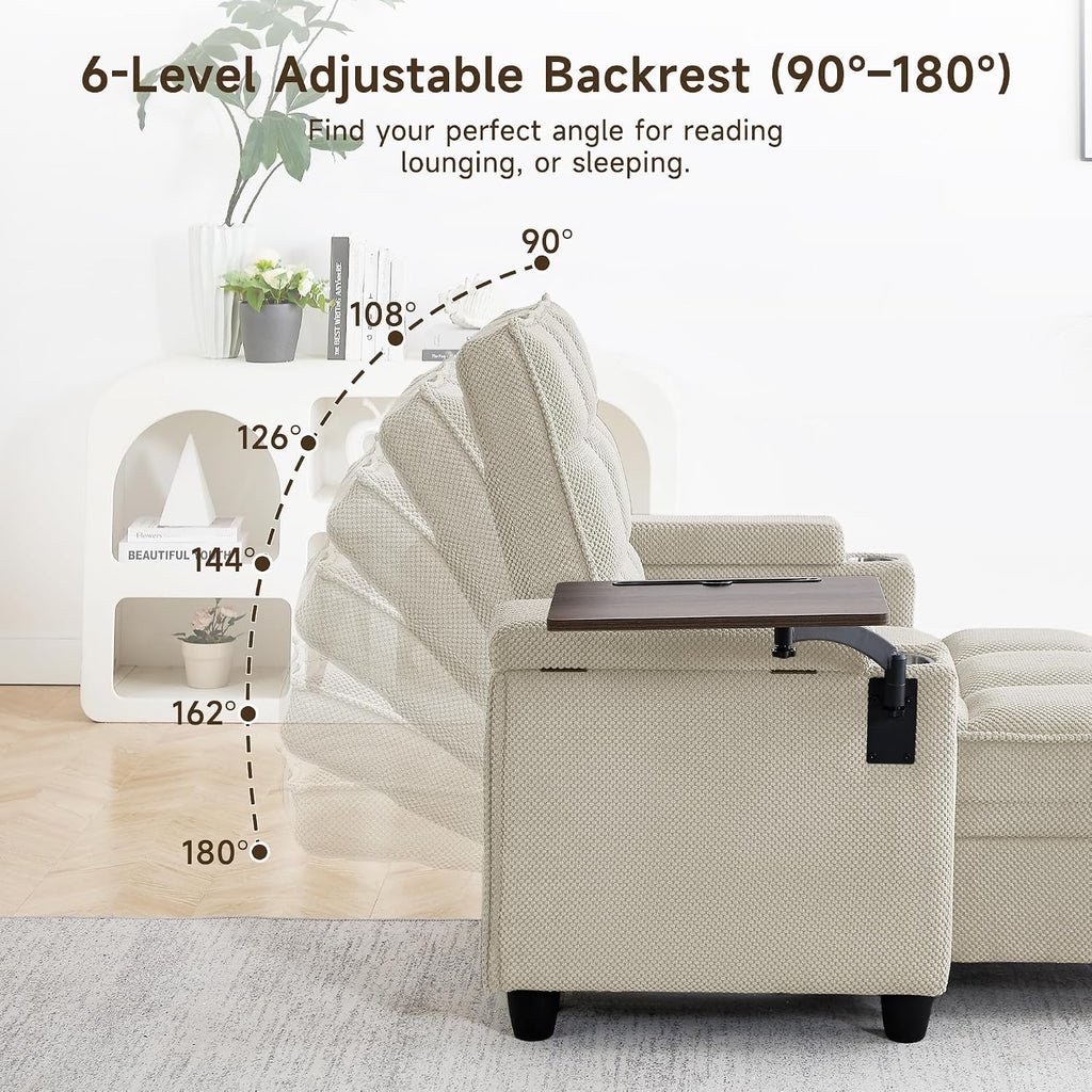 41.7' Chaise Lounge Chair Indoor, Oversized Boucle Upholstered Sofa Bed, Adjustable Backrest Deep Seat Reading Chair, Sofas Couches for Living Room with Storage, Cup Holders & 360° Swivel Side Table