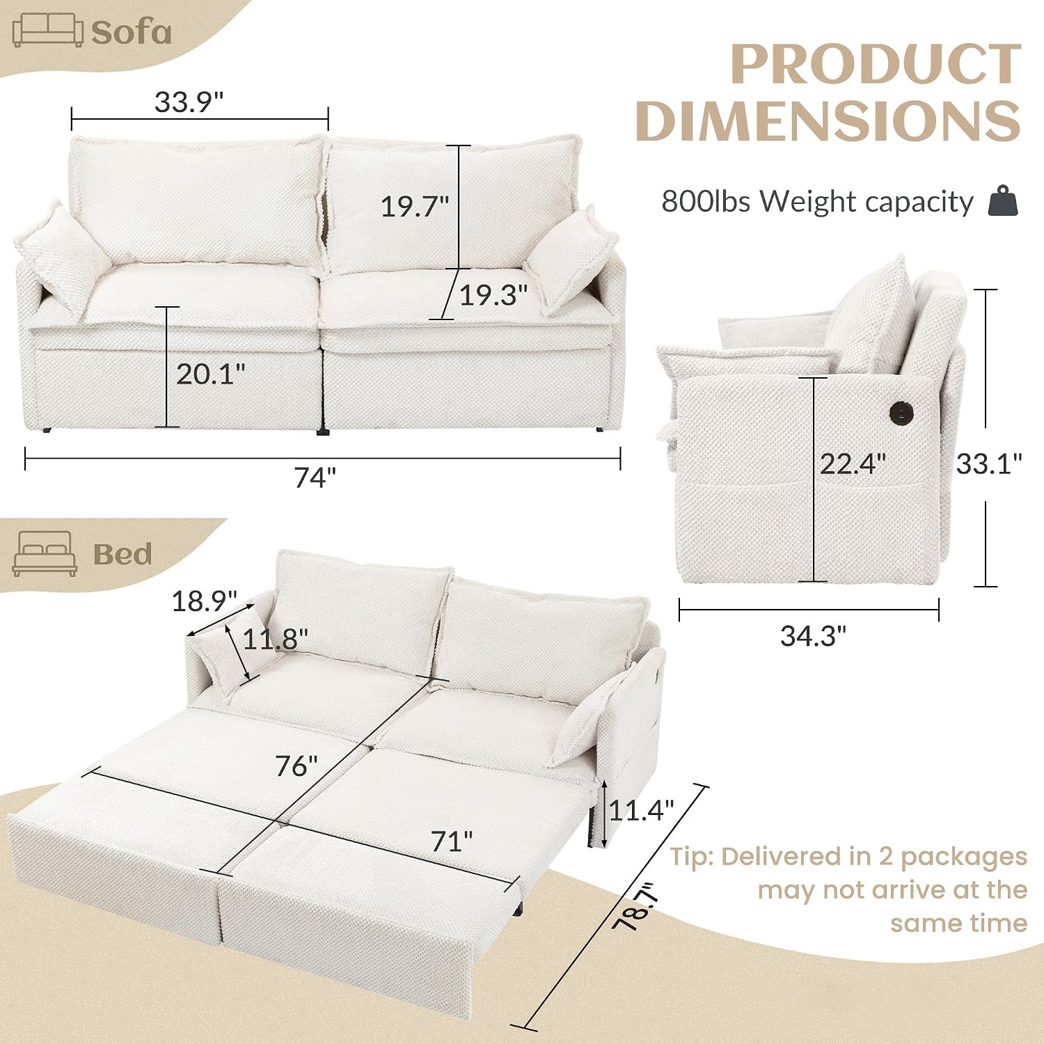 SUNWAVE 74' Pull Out Sofa Bed - Convertible Sleeper Sofa Bed, Corduroy Loveseat Pull Out Couch with USB Charging, Side Pockets for Living Room, Bedroom, Small Spaces (Cream, 74')
