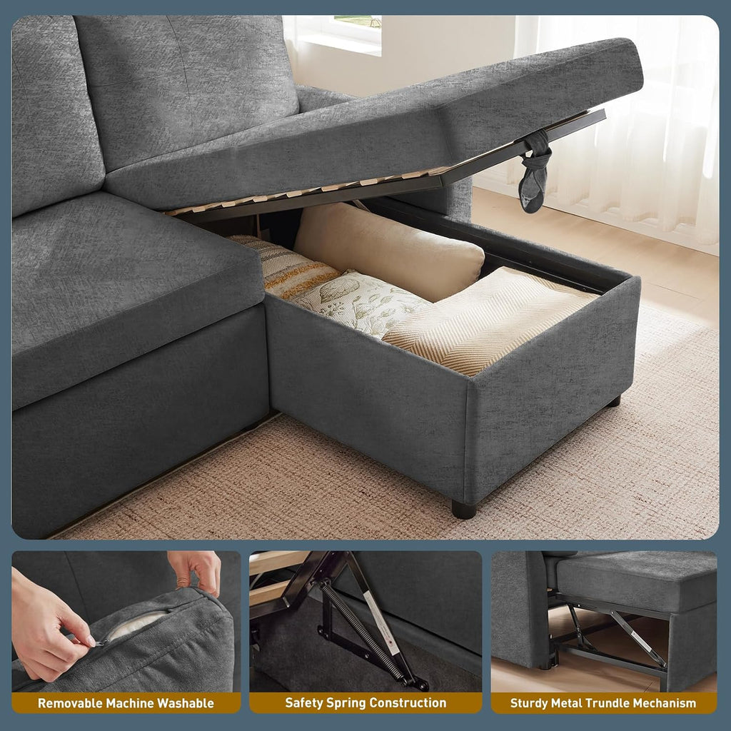 Waxberry 85' L Shaped Sectional Sofa Couch, Pull Out Couch Sleeper Sofa Bed for Living Room, Modular Chenille Deep Seat Sofa, Reversible Chaise, Storage, Side Pockets & USB/Type-C Ports, Dark Gray