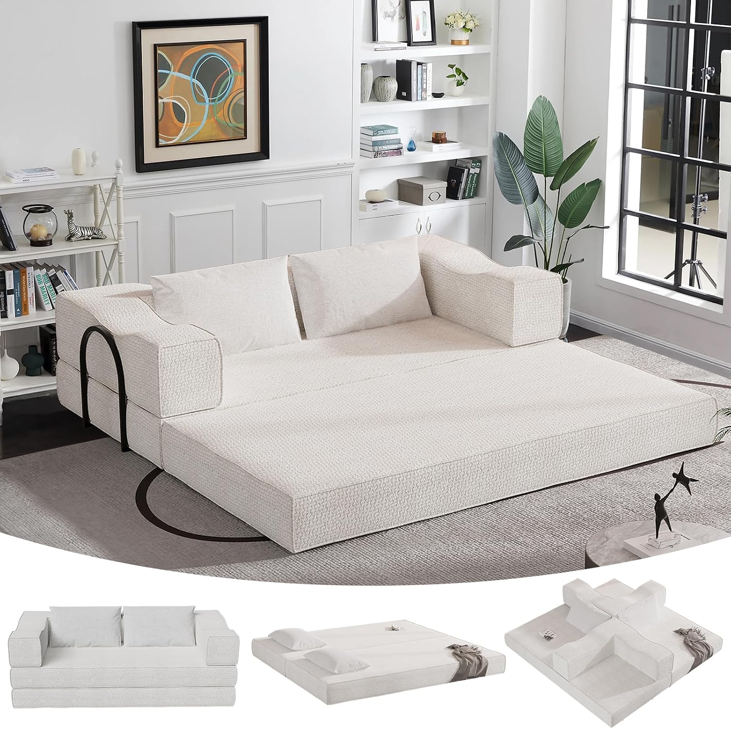 80' Convertible Folding Sofa Bed, 4-in-1 DIY Combination Fold Out Sleeper Sofa Bed King Size, Loveseat sleeper Couch w/ Removable Armrests, Chenille Floor Couch, Small couches for small spaces (Beige)
