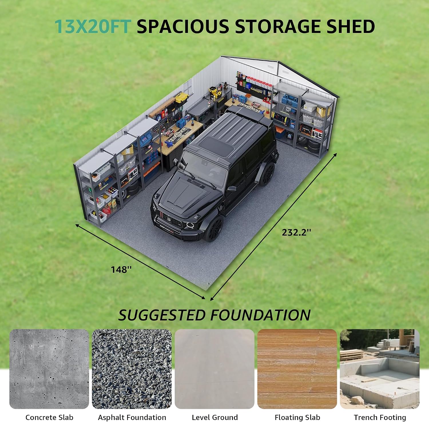 Large Storage Shed 13x20ft, Outdoor Metal Garage Shed with 2 Doors and 2 Windows, Heavy Duty, Black