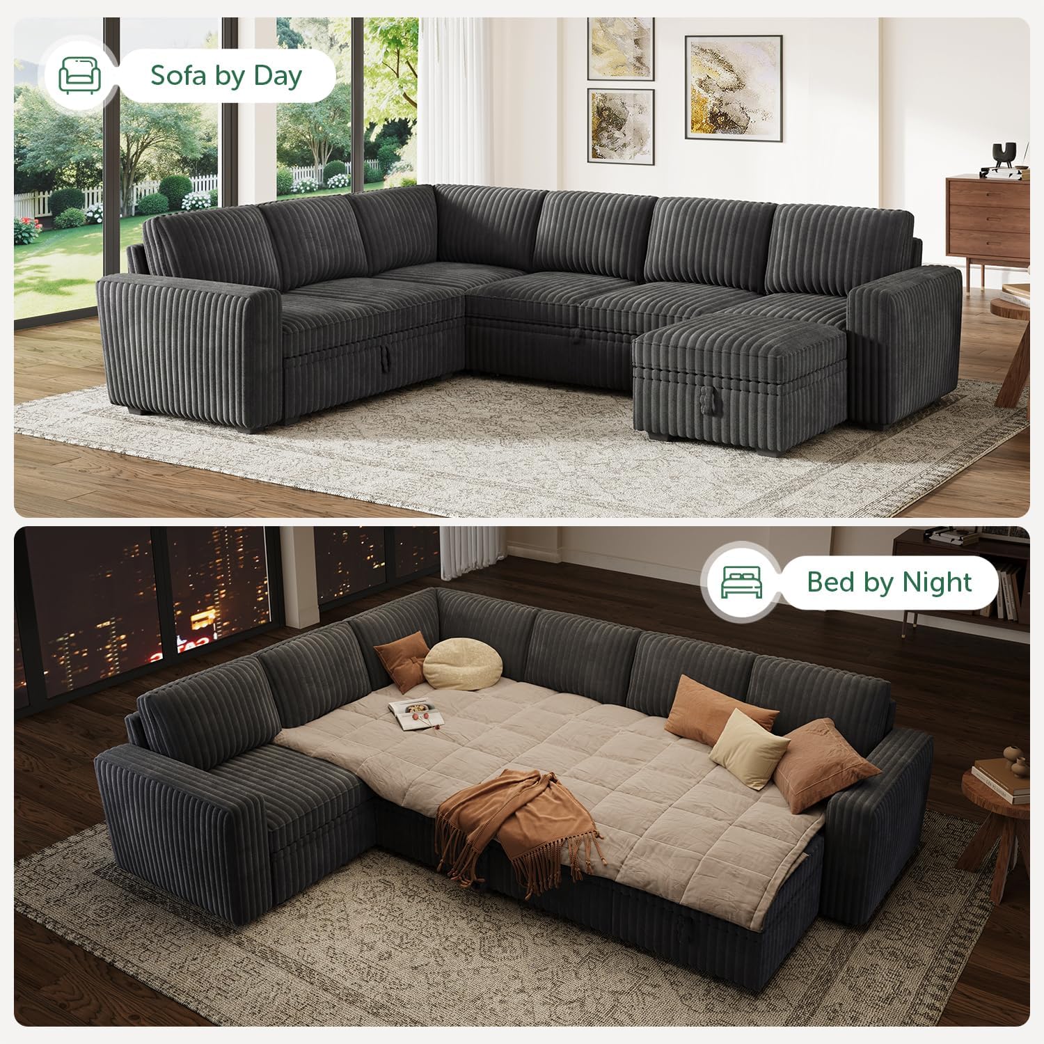 HONBAY Modular Sectional Sleeper Sofa with Pull Out Bed,Corduroy U Shaped Couch with Storage, Sectional Couches for Living Room,Dark Grey