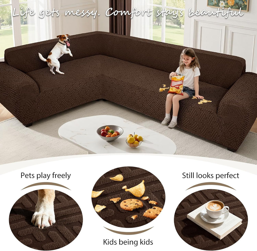 Sectional Couch Covers L Shape Sofa Cover 1-Piece Stretch Corner Couch Covers Non Slip Washable Sofa Slipcovers Soft Fleece Furniture Protector for Dogs Pet (Large, Dark Brown)