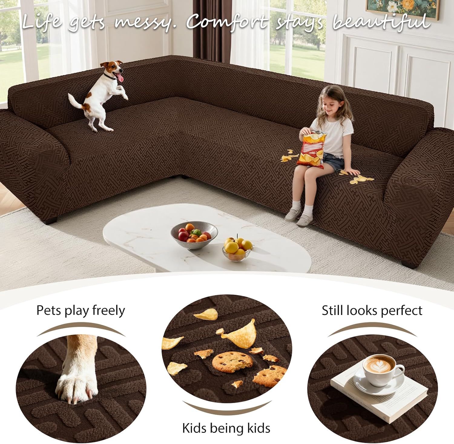 Sectional Couch Covers L Shape Sofa Cover 1-Piece Stretch Corner Couch Covers Non Slip Washable Sofa Slipcovers Soft Fleece Furniture Protector for Dogs Pet (Large, Dark Brown)