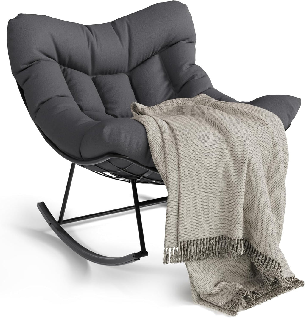 Patio Rocking Chair Indoor and Outdoor, Metal Lounge Rocker with Thick 6'' Cushion,350 Lbs Capacity,Grey Cushion