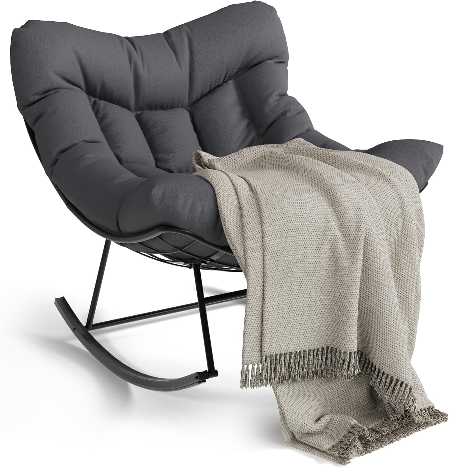 Patio Rocking Chair Indoor and Outdoor, Metal Lounge Rocker with Thick 6'' Cushion,350 Lbs Capacity,Grey Cushion