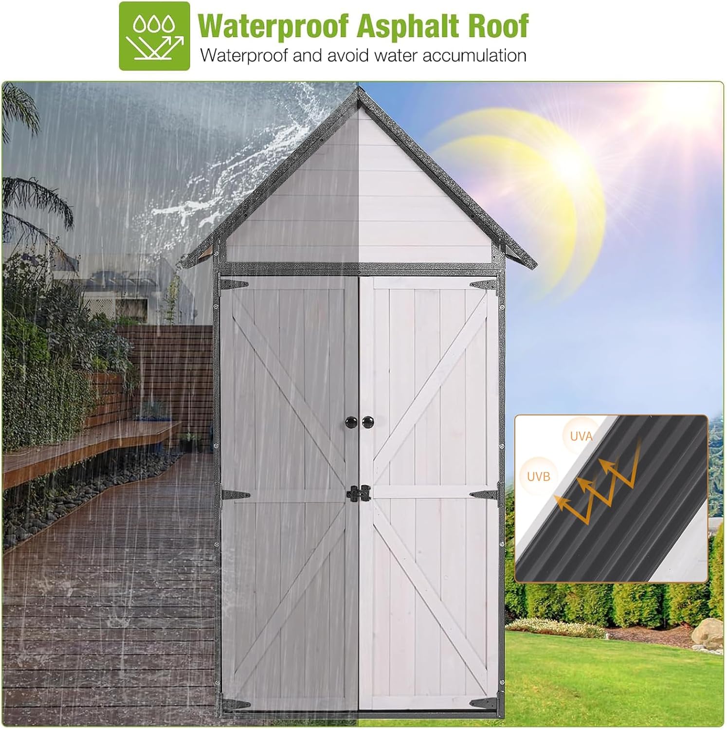 GUTINNEEN Outdoor Storage Shed with All Around Strong Metal Frame, Wooden Tool House with Floor & Adjustable Shelves, Garden Tool Sheds Cabinet for Backyard Garden Patio Lawn 67.1' H (Black＆White)