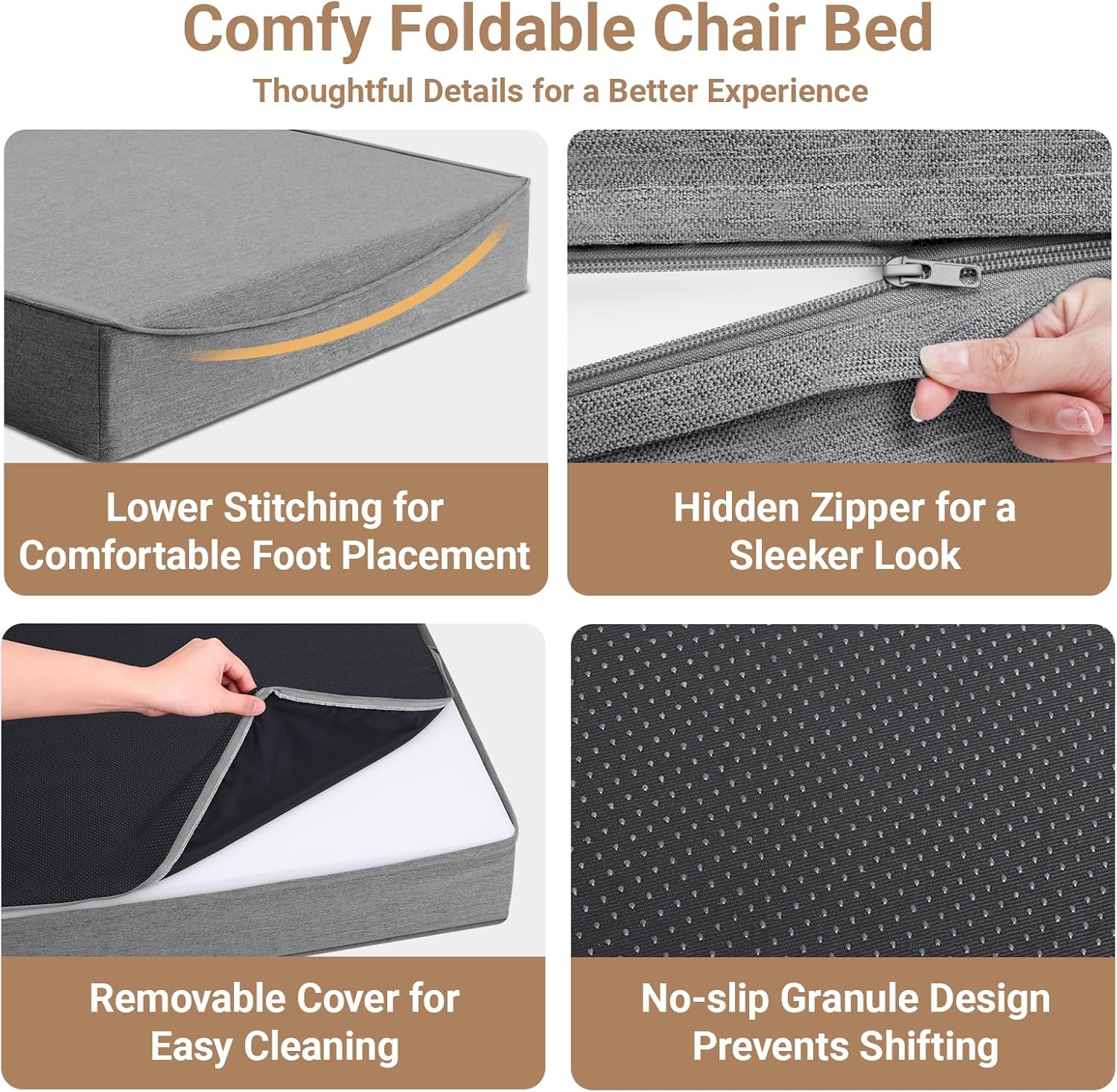BeBen Folding Sofa Bed Chair, Convertible Sleeper Chair Futon Couch, Foldable Boneless Floor Lounge Sofa, Twin Foam Chair Bed for Small Spaces, Dorm, Guest Room, Living Room, Apartment, Dark Grey