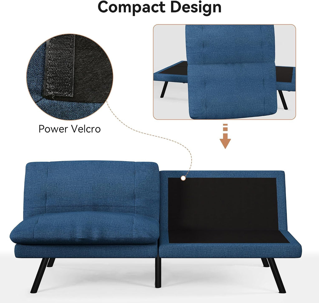Futon Sofa Bed Convertible Couch, Blue Linen Sofa Bed with Adjustable Backrest, Multifunctional Small Loveseat Sleeper Sofa for Living Room, Apartment, Office