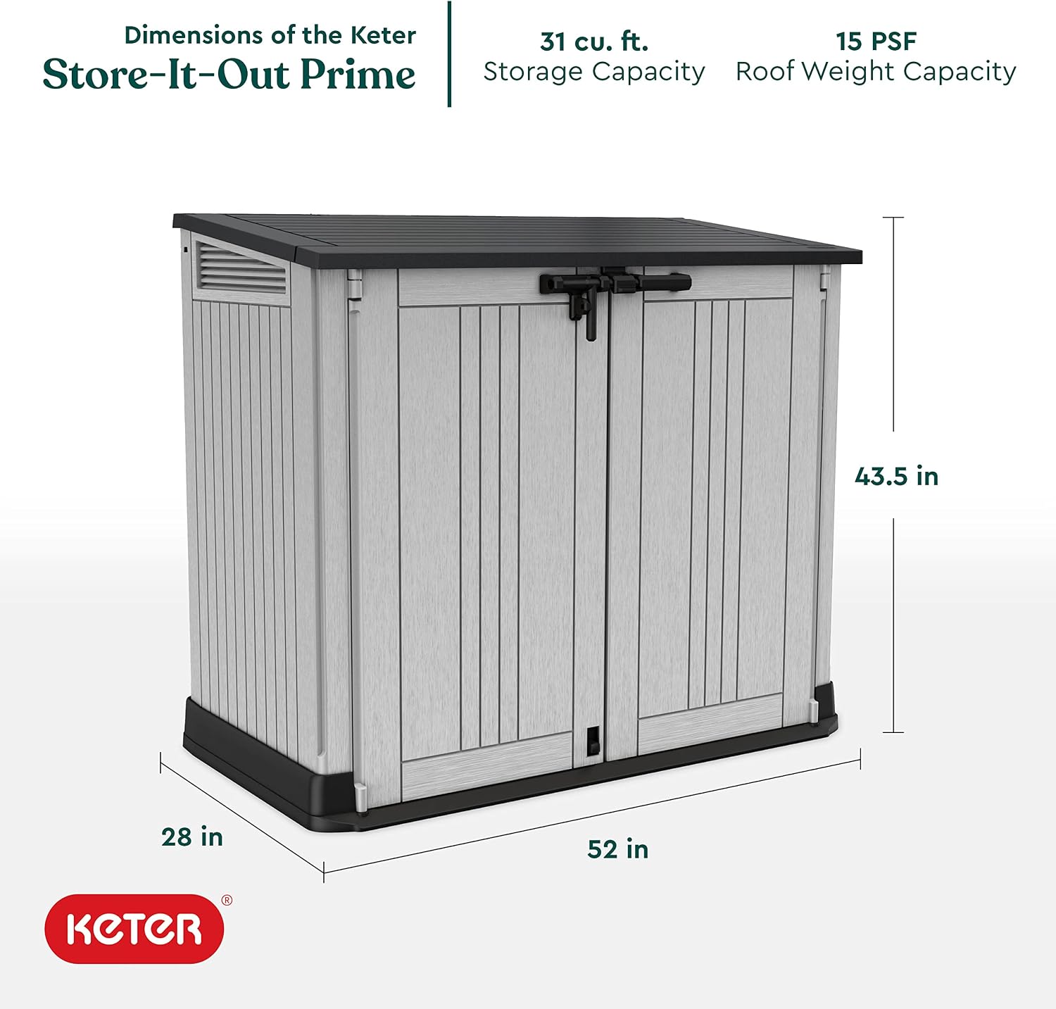 Keter Store-It-Out Prime 4.3 x 3.7 ft. Outdoor Resin Storage Shed with Easy Lift Hinges, Perfect for Yard Tools, Pool Toys and Garden Accessories, Grey