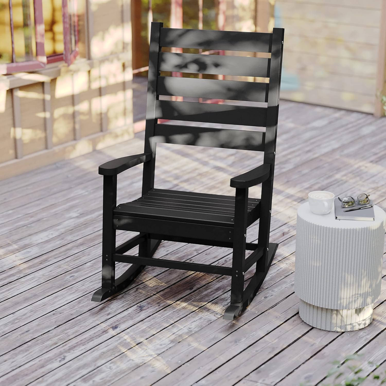 Flash Furniture Manchester Commercial Grade Outdoor Rocking Chair, All-Weather HDPE Indoor/Outdoor Rocker, Set of 2, Black