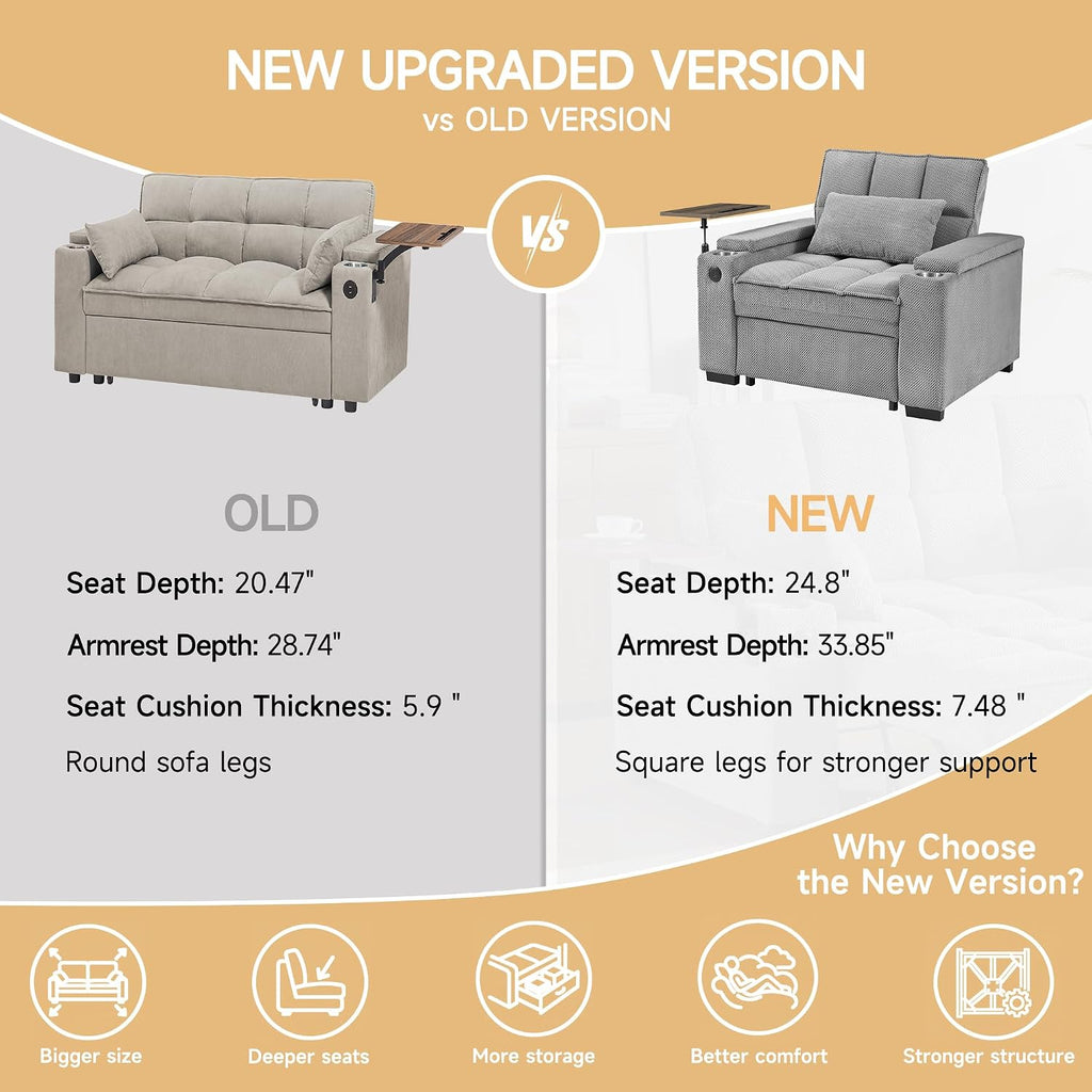 Large Size Convertible Sleeper Chair Futon Sofa Bed, Comfortable thick cushion Single Sleeper Sofa Handheld storage and Adjustable Backrest | Reading Chair with Rotating small table (light gray)
