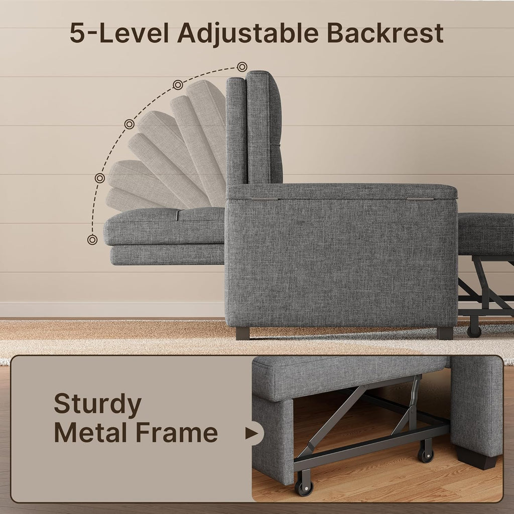 Gizoon 3 in 1 Convertible Sofa Bed, 63.6'' Pull Out Couch with Storage Armrests, Sofa Cama, Adjustable Backrest & Pockets, Linen Loveseat Sleeper for Small Apartment Living Room, Dark Grey