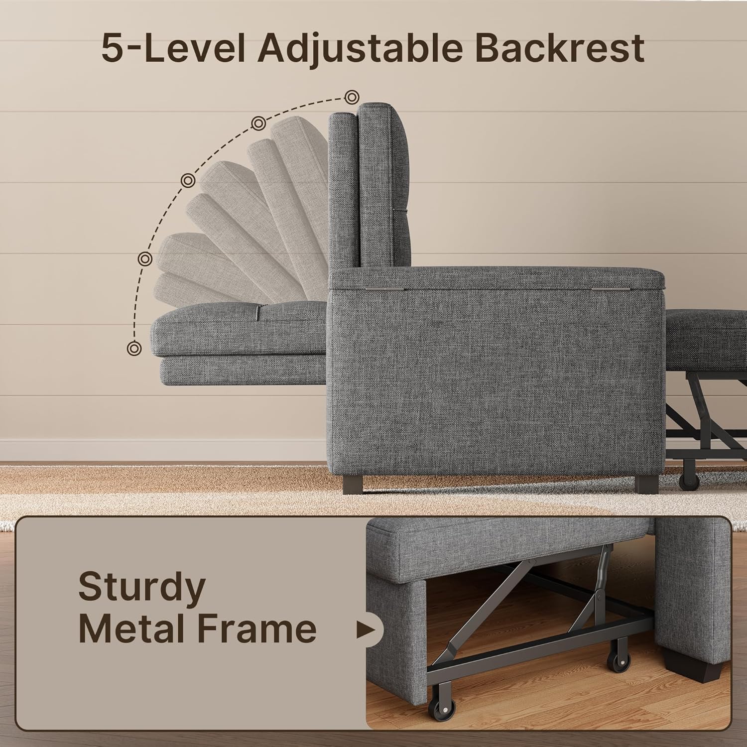 Gizoon 3 in 1 Convertible Sofa Bed, 63.6'' Pull Out Couch with Storage Armrests, Sofa Cama, Adjustable Backrest & Pockets, Linen Loveseat Sleeper for Small Apartment Living Room, Dark Grey